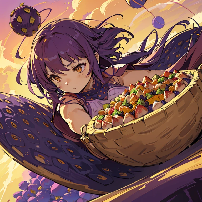 Low Flying Girl covered in boiling large strawberry cake armor serving a large purple sweet potato jam、Amazing dynamism、Amazing Angle、unstable buoyancy sandstorm、((Lots of friendly dried fruit spheres drifting and chasing in close clusters))、(surround each other every third'serpent ball)、