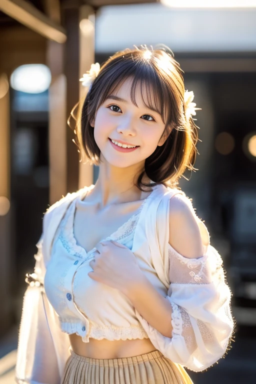 (((masterpiece))), (((cowboy shot,is standing)),(One beautiful Japan girl, Innocence,kawaii) ,超A high resolution, Realistic, ultra-detailliert, 8K,top-quality, Extremely detailed, blurry backround,A slender,small tits,very beautiful japanese girl, Detailed face:1.3), (Short hair like a boy,A dark-haired :1.4), (a ,kawaii系,adorable 10 year oPerfect body:1.1), (White sheer cardigan,Light brown pleated mini skirt), A smile that makes you want to hug,Super Detailed Face、Detailed lips、Detailed Big Eyes、small gravure idol,Transparent skin、Lori,carrying a small black backpack,waiting for the train on the station platform,Looking up from the ground,early evening,キュートでkawaiiポーズ, Warm tones