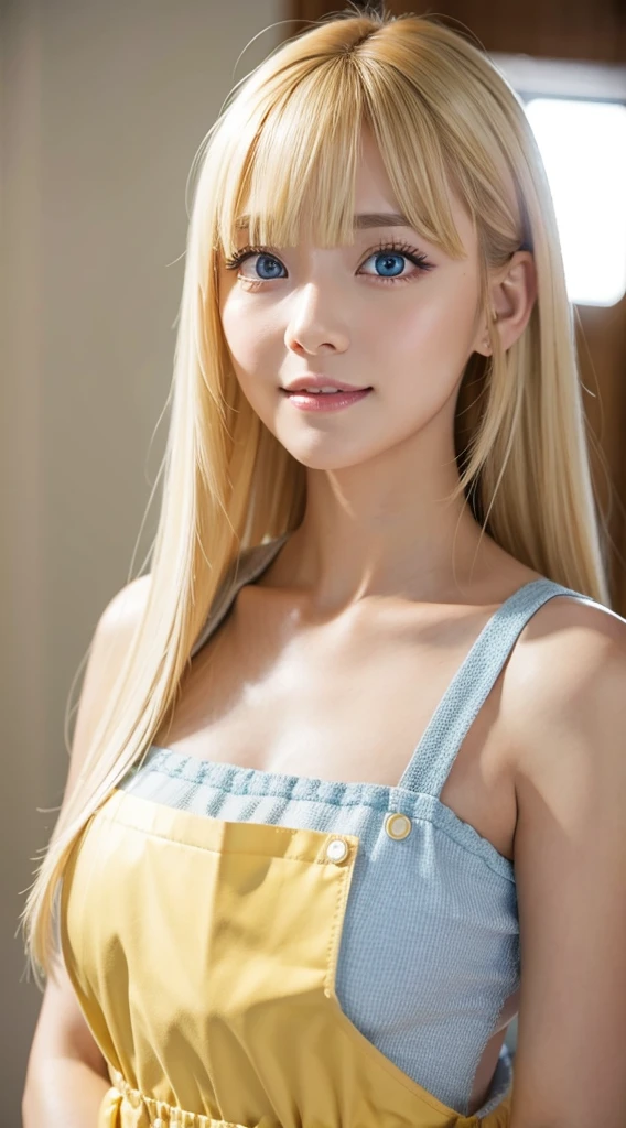 (a closeup:1.4)、(RAW shooting:1.2)、(Photorealsitic:1.4)、(masterpiece:1.3)、(top-quality:1.4)、bright expression、very beautiful blonde girl、Extraordinary blonde beauty、Detailed cute and beautiful face、Beautiful bangs、Glowing white shiny skin、facial hairs、Bangs that extend to the face、Bangs between the eyes、Super long blonde hair、Attractive bright platinum blonde super long straight silky hair、finer hair、Attractive glowing beautiful bright clear light blue big eyes、White Apron、Yellow dress、eye liner、Double eyelids、Lush bust、The upper part of the body、cheek gloss highlight