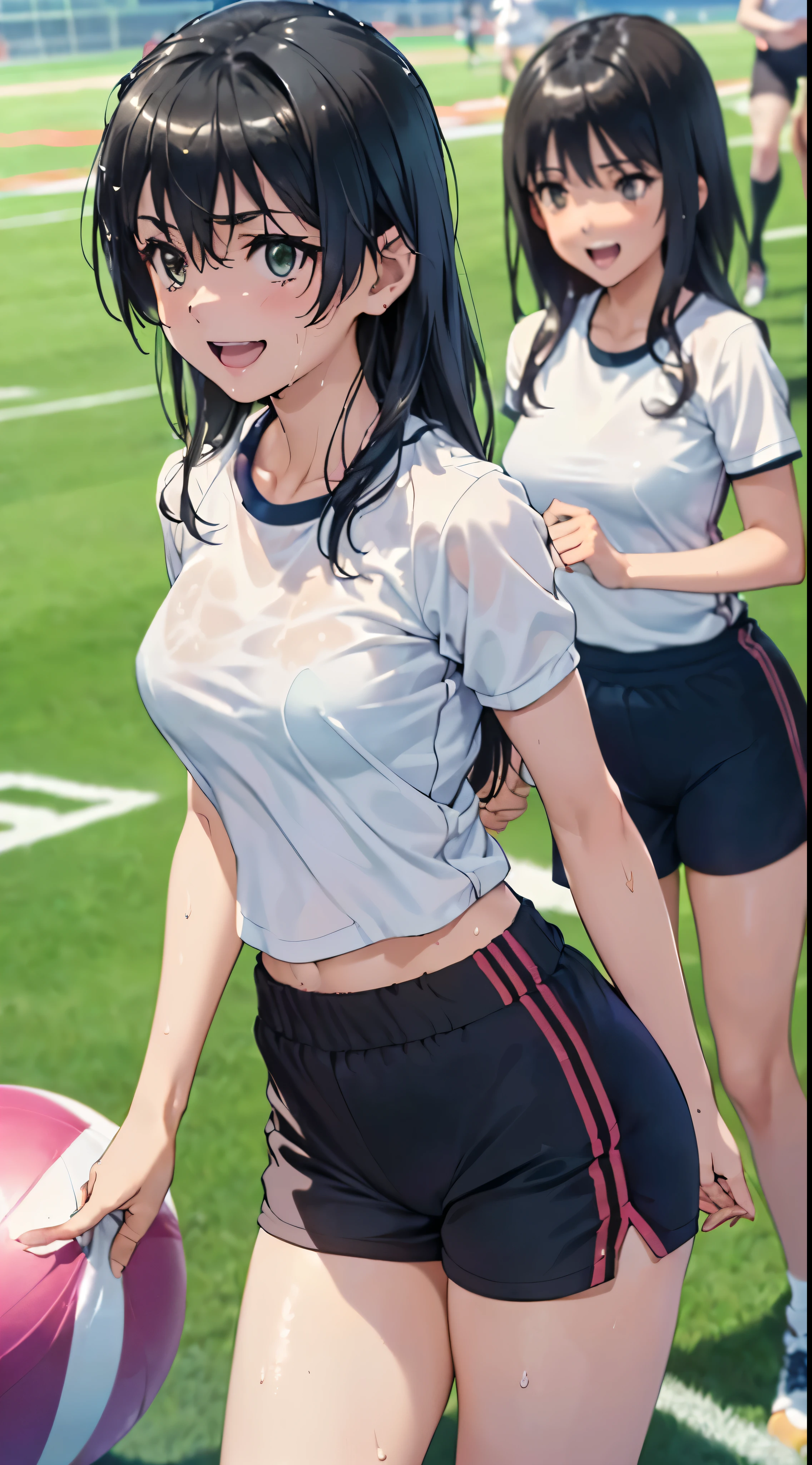 1womanl,Golden hair,14 year old beautiful breasts,(((Sexy white shiny short sleeve gym clothes and shorts、Smile with open mouth)),(((Satin Narico))),((( portlate))),Crowds,Shiny white short sleeve gym clothes and shorts,(Wet with sweat),((athletic field)),((see -through)),outside of house,(((clothes shiny))),