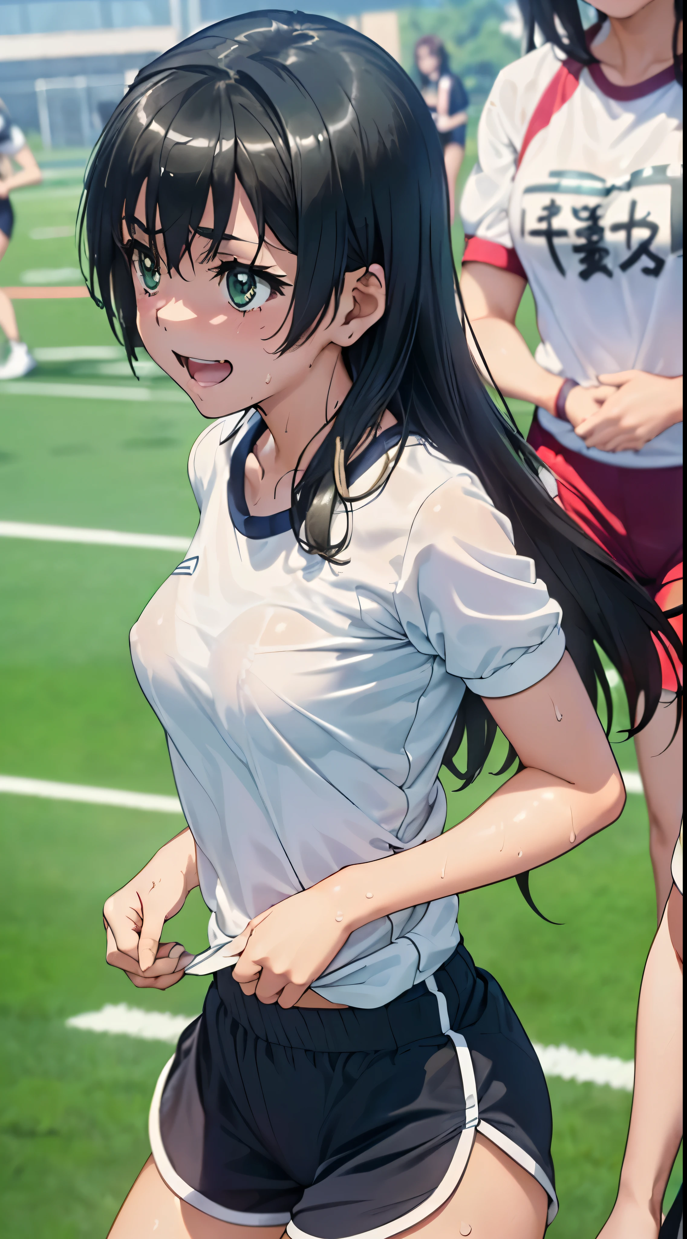 1womanl,Golden hair, beautiful breasts,(((Sexy white shiny short sleeve gym clothes and shorts、Smile with open mouth)),(((Satin Narico))),((( portlate))),Crowds,Shiny white short sleeve gym clothes and shorts,(Wet with sweat),((athletic field)),((see -through)),outside of house,(((clothes shiny))),