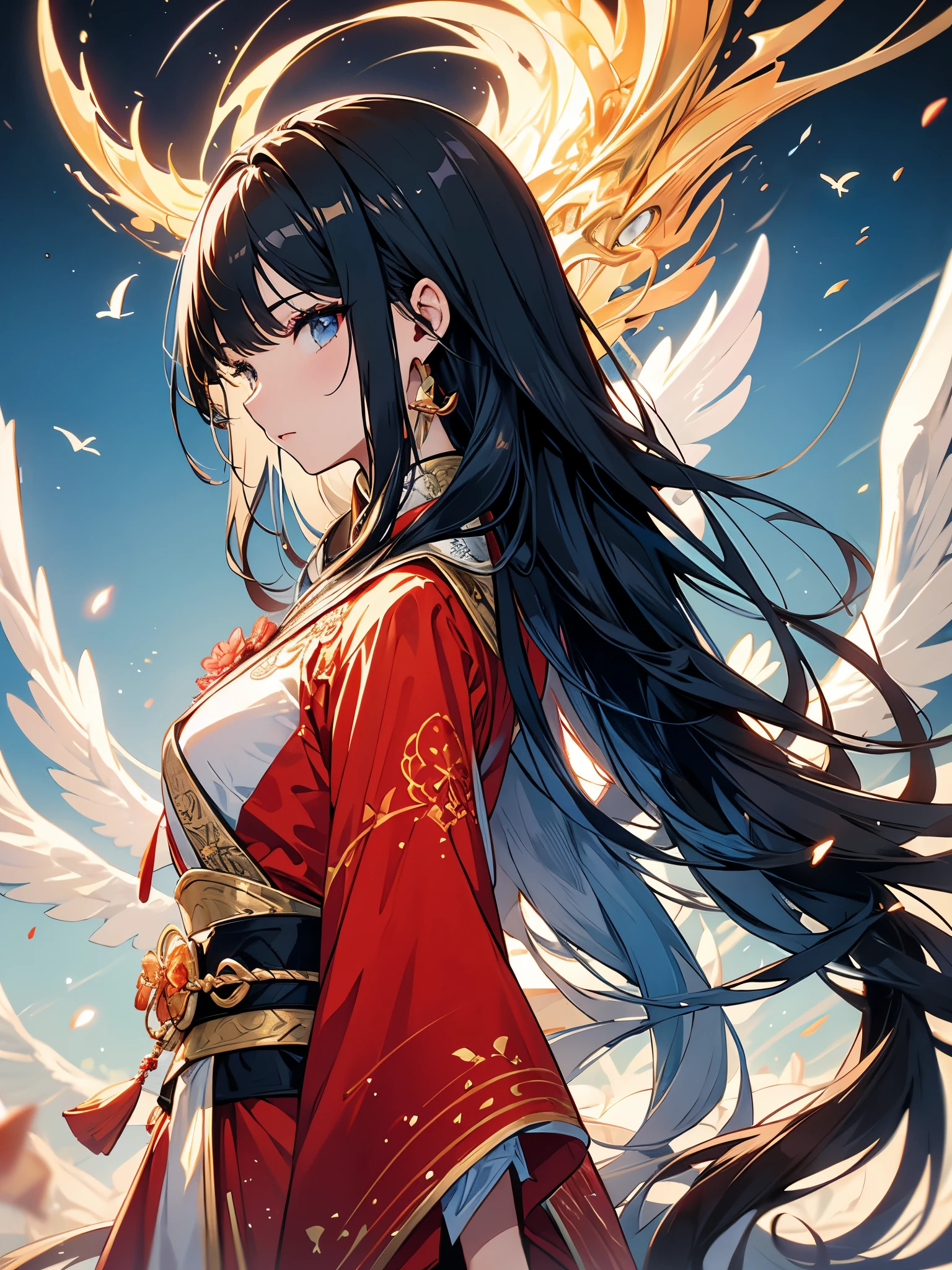 A beautiful Chinese girl standing in the water, hazy reflection, A huge phoenix divine bird in the sky, Magic, fantasia, Dynamic Stance, composto por chamas brilhantes coloridas, rosto delicado, Olhos Delicados, longos cabelos pretos e dourados, wearing amber and sky blue Hanfu, delicate and intricate patterns, Pintura a tinta, bronzing dourado, Epic composition, sombras suaves, clean sharp focus, Cinematography, Center Composition, Poster design, cinematic movie photograph, panorama, 32k --v 6