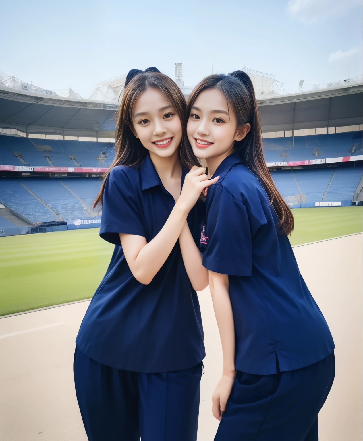 (bestquality,10,10,highres,masterpiece:1.2),ultra-detail,(Realistic,ภาพRealistic,photo-realistic:1.37),1 Cute girl in the football field,oily shiny skin,bara,light smile,BDclothelue shirt:1.3)),short sleeves,shirt, trousers.,(navy_long_ติดตามtrousers:1.1), ((Stadium Background:1.3)),dynamic angle,excited,face focus,Dynamic Poses,from behide,Ass Focus,masterpiece, bestquality, ultra realistic, hyper-detail, 8k resolution, RAW photo, crisp focus, ((Navy blue shirt:1.1)), short sleeves, เส้นทางlong, Complete bodyแบบ, 2 mature women, 18yo, cinematic light,trousersวอร์มสีน้ําเงิน,Gymware,Correct anatomy,Complete body, Correct body, sharp face, Correct bodyทางกายวิภาค, full entire body, Realistic gestures, long-haired, Realistic poses,Wear long shorts..............................,ช่วงขาlong,Shapely,Sculpting Girl, Slender Figure, mannequin mannequins, Shapely, Beautiful body,trousersวอร์มสีน้ําเงิน, Two girls kissing