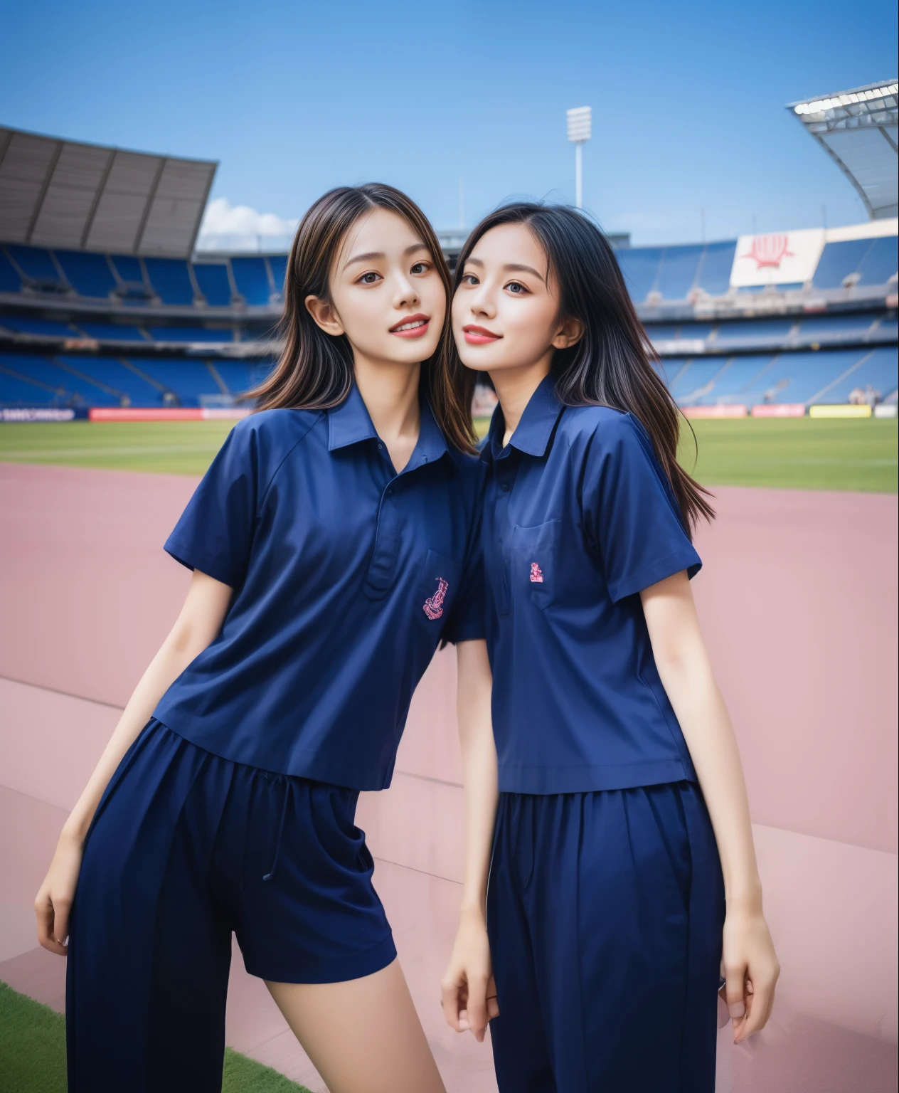 (bestquality,10,10,highres,masterpiece:1.2),ultra-detail,(Realistic,ภาพRealistic,photo-realistic:1.37),1 Cute girl in the football field,oily shiny skin,bara,light smile,BDclothelue shirt:1.3)),short sleeves,shirt, trousers.,(navy_long_ติดตามtrousers:1.1), ((Stadium Background:1.3)),dynamic angle,excited,face focus,Dynamic Poses,from behide,Ass Focus,masterpiece, bestquality, ultra realistic, hyper-detail, 8k resolution, RAW photo, crisp focus, ((Navy blue shirt:1.1)), short sleeves, เส้นทางlong, Complete bodyแบบ, 2 mature women, 18yo, cinematic light,trousersวอร์มสีน้ําเงิน,Gymware,Correct anatomy,Complete body, Correct body, sharp face, Correct bodyทางกายวิภาค, full entire body, Realistic gestures, long-haired, Realistic poses,Wear long shorts..............................,ช่วงขาlong,Shapely,Sculpting Girl, Slender Figure, mannequin mannequins, Shapely, Beautiful body,trousersวอร์มสีน้ําเงิน, Two girls kissing