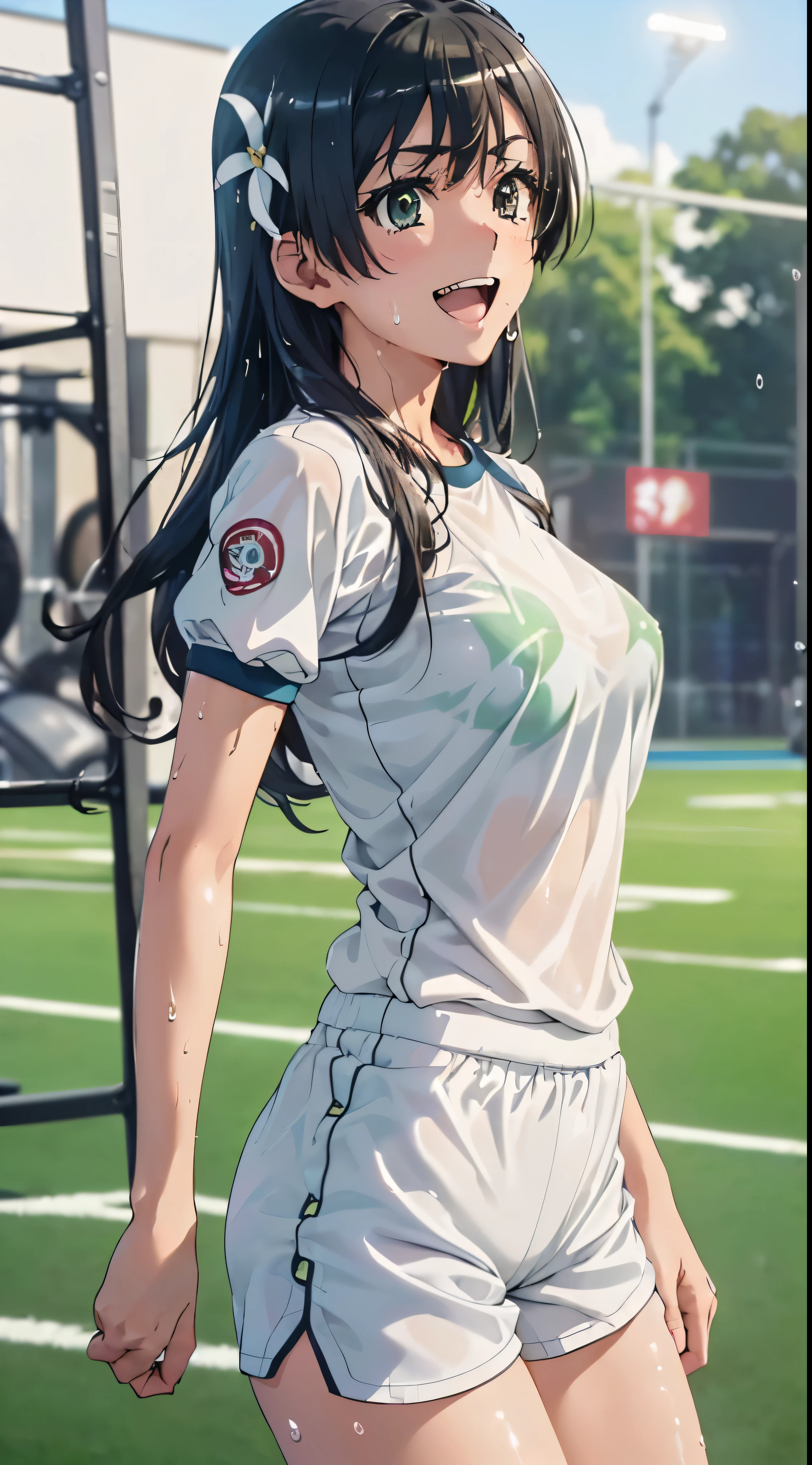 1womanl,Golden hair, beautiful breasts,(((Sexy white shiny short sleeve gym clothes and shorts、Smile with open mouth)),(((Satin Narico))),((( portlate))),Crowds,Shiny white short sleeve gym clothes and shorts,(Wet with sweat),((athletic field)),((see -through)),outside of house,(((clothes shiny))),