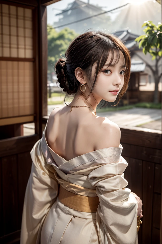 ((RAW shooting:1.5)), (Photoreal Stick:1.5, masutepiece:1.5, 8K), (top-quality, masterpiece, 超A high resolution), morning, Precincts of the shrine, ((fog the lens:1.4)), ((Shoot with blur:1.5)), ((sunrises, Sunlight coming in from behind:1.6, Strong sunlight spreads across the screen:1.6)), ((Strong sunlight shines on a woman:1.7)), ((The entire screen appears white and hazy due to strong sunlight.:1.8)), ((The woman looks blurry due to the strong sunlight:1.9)), Professional camera work:1.3, Highly detailed skin and facial texture:1.3, Grow Light Effect, The ultra-detailliert:1.3, 1girl in, Fair skin, (Sense of clarity:1.4, a small face), Extremely beautiful face:1.5, (Sense of clarityを感じる目:0.9, looking distantly), A smile:1.0, (Slightly open mouth:0.4, Sense of clarityを感じる口当たり:0.7), 二重まぶた, Dark brown medium hair, necklace and earrings, (Wearing Kimono Correctly Off Shoulder)