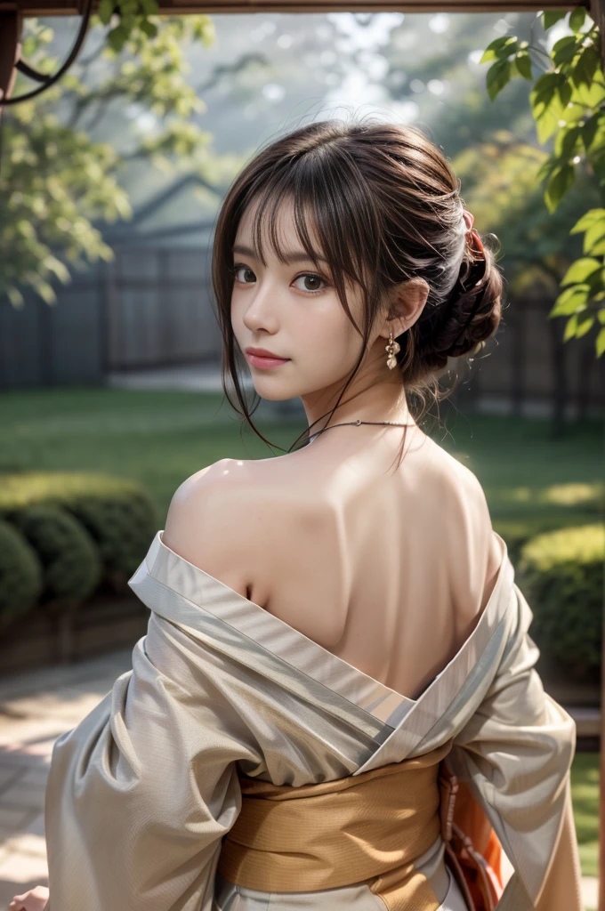 ((RAW shooting:1.5)), (Photoreal Stick:1.5, masutepiece:1.5, 8K), (top-quality, masterpiece, 超A high resolution), morning, Precincts of the shrine, ((fog the lens:1.4)), ((Shoot with blur:1.5)), ((sunrises, Sunlight coming in from behind:1.6, Strong sunlight spreads across the screen:1.6)), ((Strong sunlight shines on a woman:1.7)), ((The entire screen appears white and hazy due to strong sunlight.:1.8)), ((The woman looks blurry due to the strong sunlight:1.9)), Professional camera work:1.3, Highly detailed skin and facial texture:1.3, Grow Light Effect, The ultra-detailliert:1.3, 1girl in, Fair skin, (Sense of clarity:1.4, a small face), Extremely beautiful face:1.5, (Sense of clarityを感じる目:0.9, looking distantly), A smile:1.0, (Slightly open mouth:0.4, Sense of clarityを感じる口当たり:0.7), 二重まぶた, Dark brown medium hair, necklace and earrings, (Wearing Kimono Correctly Off Shoulder)