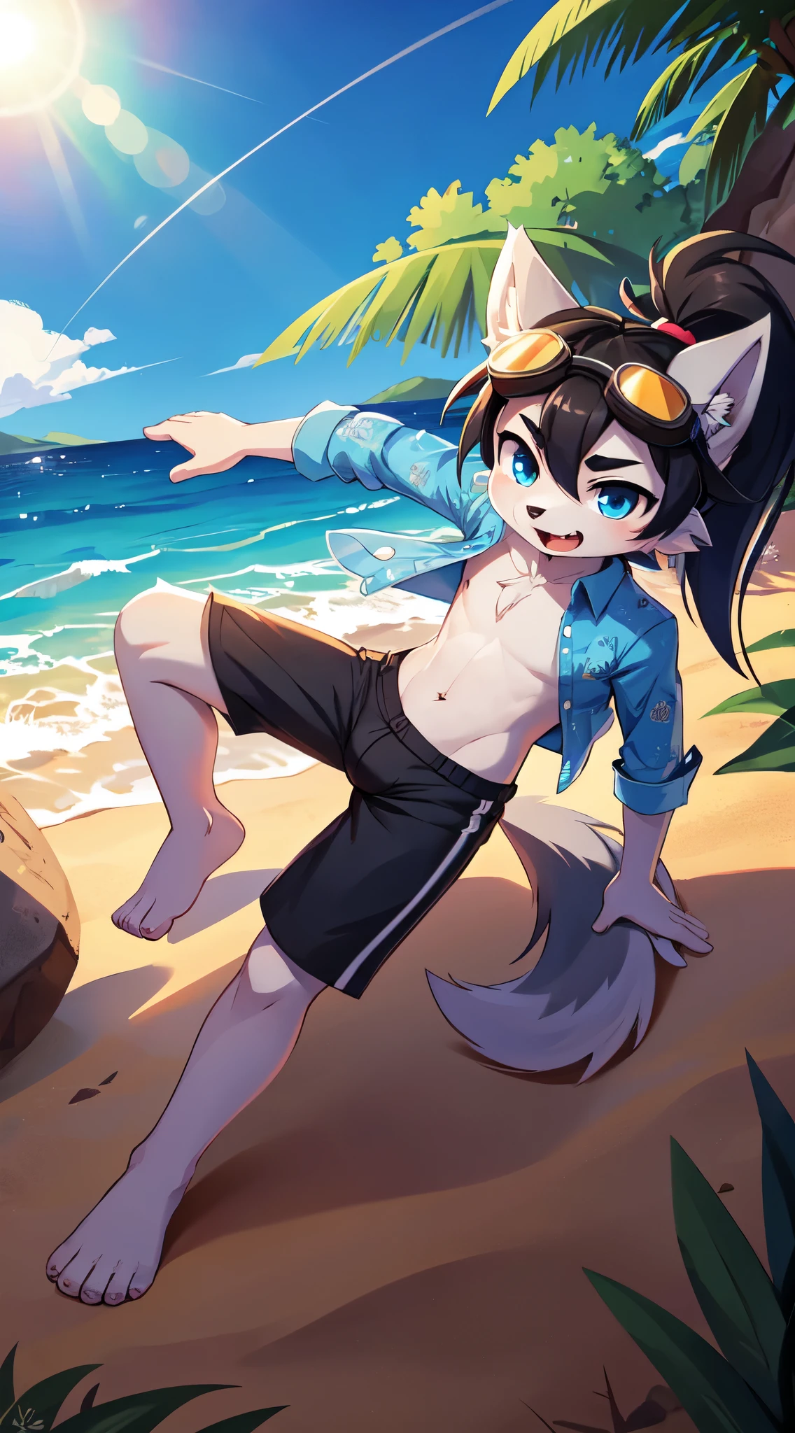 Furry shota, wolf, black hair, long spiky ponytail, blue eyes, detailed body fur, ((goggles, blue hawaiian shirt, open clothes, big canine penis)), looking at you, fangs, clear grey body fur, detailed face, big eyebrows, detailed eyes, detailed body, detailed body fur, detailed hands, flat body, glistering body, shiny body, skinny, aeghao, tongue out, looking at you, glow throughout the scene, masterpiece, straddle viewer, low angle, beach, clear sky, penis focus, stomach, action: masturbate, handjob, 