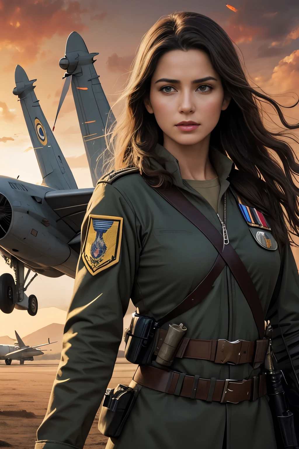 Realistic,Vestido Educado,(Fighter Plane Action and War Movie Poster),(Film Reference Foundation: 1.8),Realistic,General Uniform of the Air Force,(Realistic Face Resolution),Cinematic poses,adulto,magro,pequeno,Cabelo Longo Mulher Loira Escura 1 Pessoa,serious face,science fiction,scientific fiction,Diferentes personagens coadjuvantes