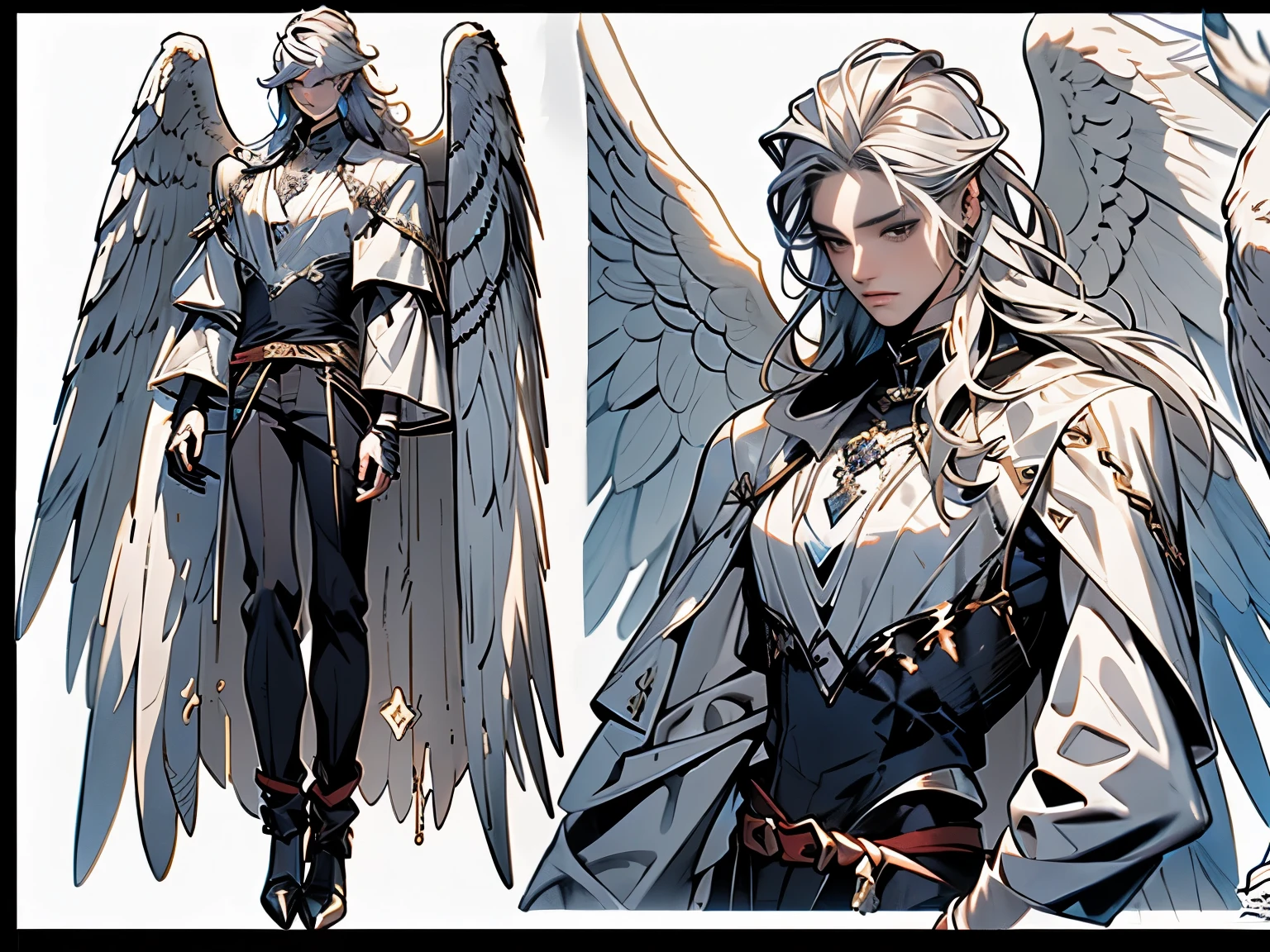 Reference sheet, front view one side, full body, angel man, 18 years old, handsome man, white wings, long white hair, rock style