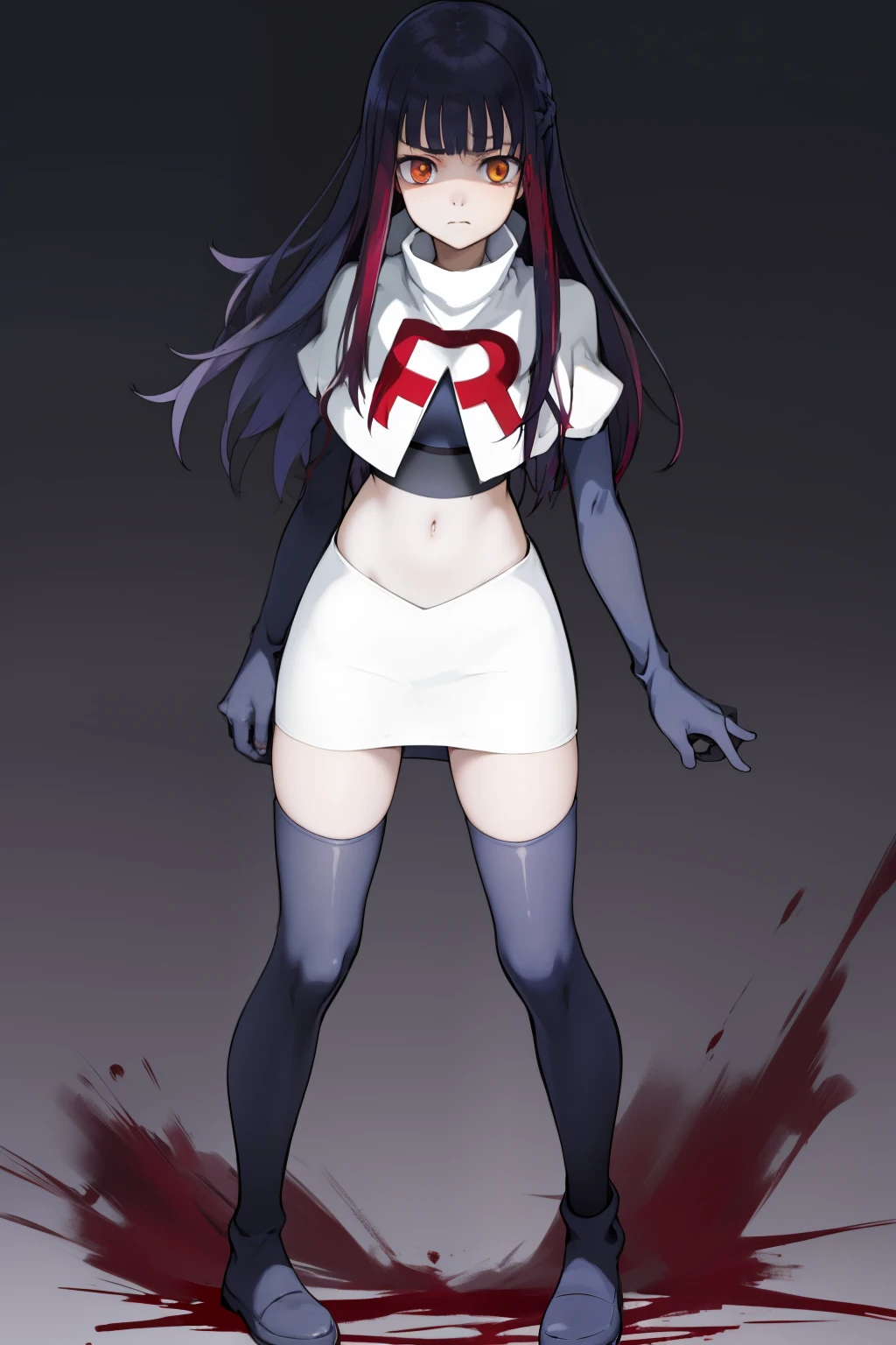 the anime, Furukawa Misao, yellow eyes, sad face, girl in depression, ((indigo hair)),  full height, Full-length girl, best Quality, blood, bloody girl, blood on hands, team rocket,team rocket uniform,white skirt,red letter R,crop top,black thigh-highs,black elbow gloves