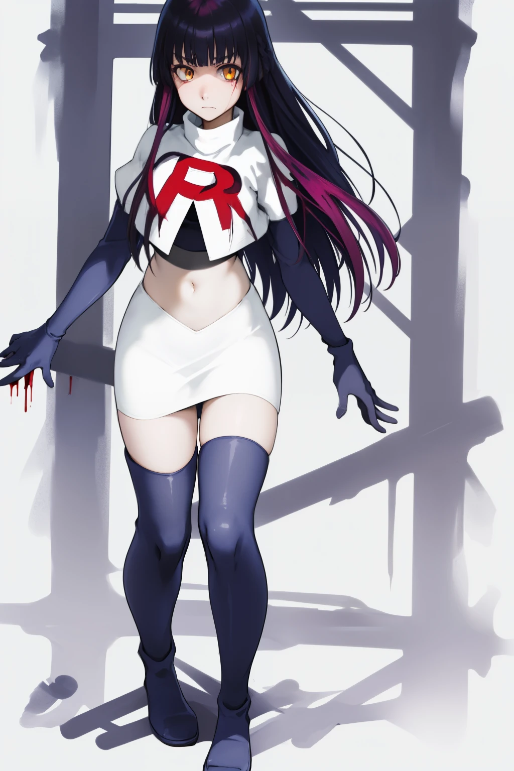 the anime, Furukawa Misao, yellow eyes, sad face, girl in depression, ((indigo hair)),  full height, Full-length girl, best Quality, blood, bloody girl, blood on hands, team rocket,team rocket uniform,white skirt,red letter R,crop top,black thigh-highs,black elbow gloves