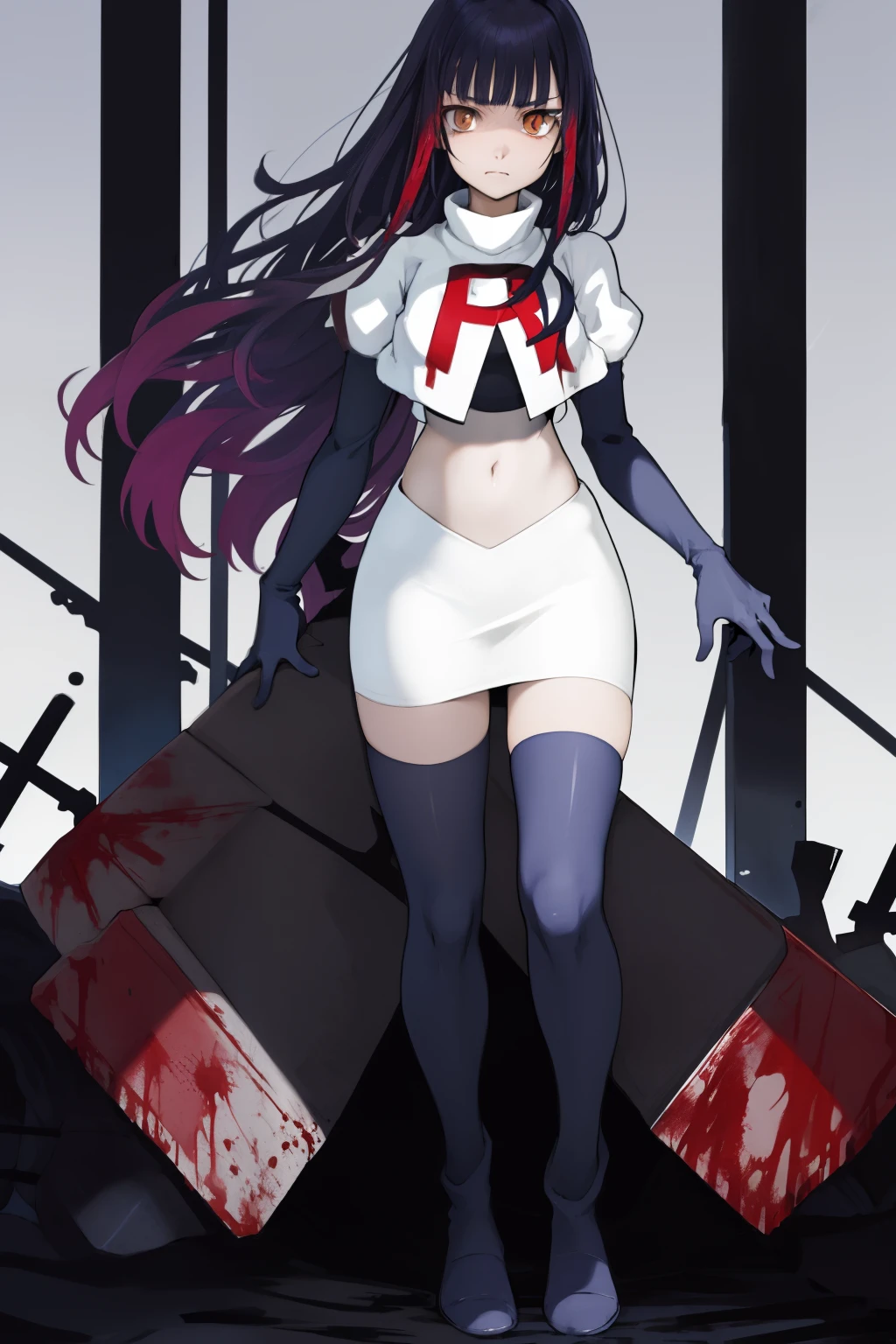 the anime, Furukawa Misao, yellow eyes, sad face, girl in depression, ((indigo hair)), full height, Full-length girl, best Quality, blood, bloody girl, blood on hands, team rocket,team rocket uniform,white skirt,red letter R,crop top,black thigh-highs,black elbow gloves