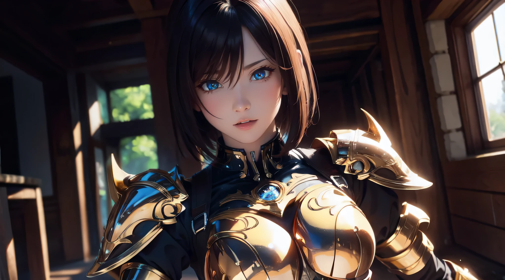 (Random Fighting Pose:1.2),Extreme close-up,Cinematic scene,Fantasy Art,Highest image quality,portrait of ultra realistic,(8K),Ultra-realistic,Best Quality,High quality,High Definition,high quality texture,high detailing,Beautiful detailed,fine detailed,extremely details CG,Detailed texture,realistic representation of face,masutepiece,presence,Dynamic,Bold,1gir,Ultra detailed skin,Curve,Petite,Beautiful breasts,Large breasts,pale skin,pointed breast,Erect nipples,Short hair,(super thin hair),(ultra soft hair),(ultra straight hair),Swept long bangs,very light coppery amber hair,Hair over one eye,White armor