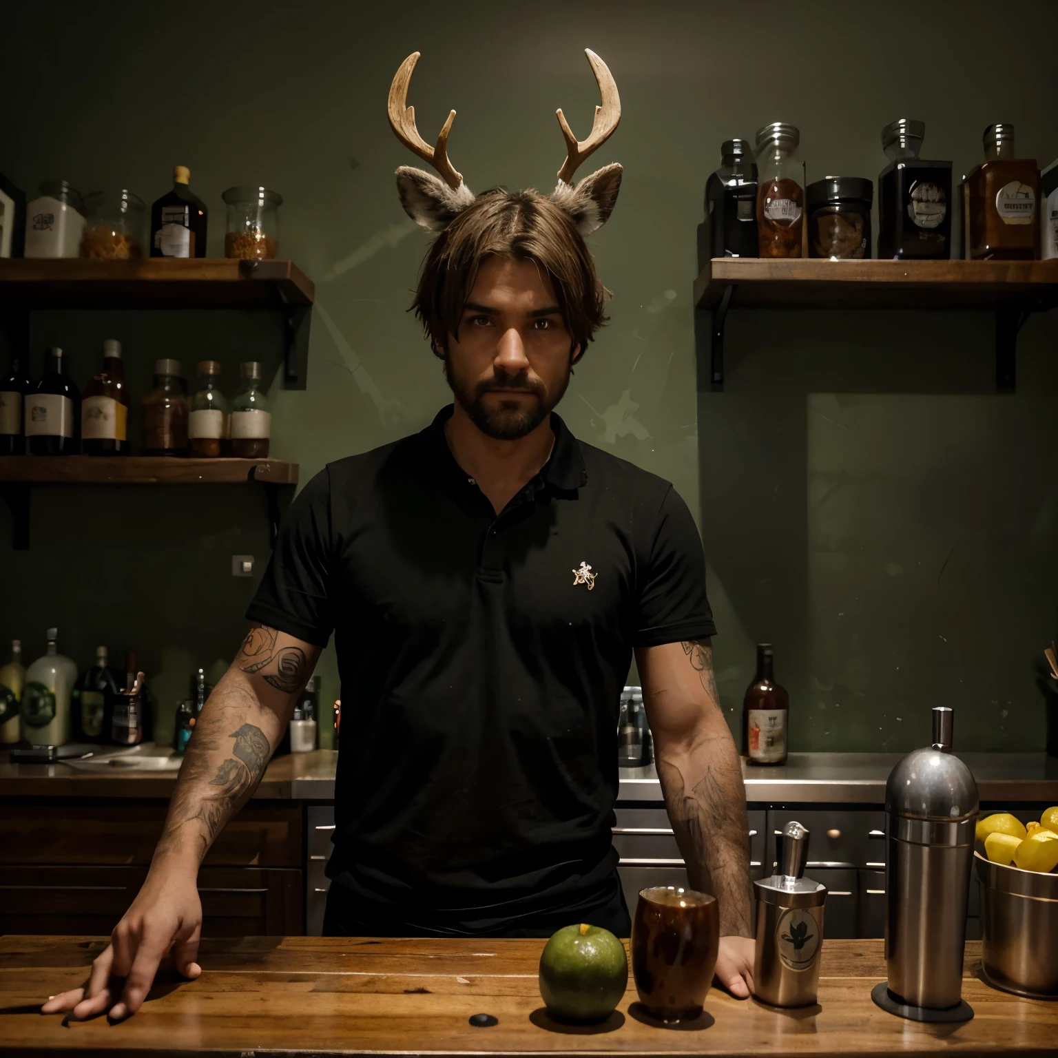 "Barman com cabelos grisalhos e olhos verdes, estilo HQ, positioned behind the counter in an environment with dark lights. The character only has one arm and, de forma peculiar, there&#39;s a deer head on the wall. Ademais, a shotgun is discreetly placed under the counter. Create an image that encapsulates these elements in a unique and intriguing way."