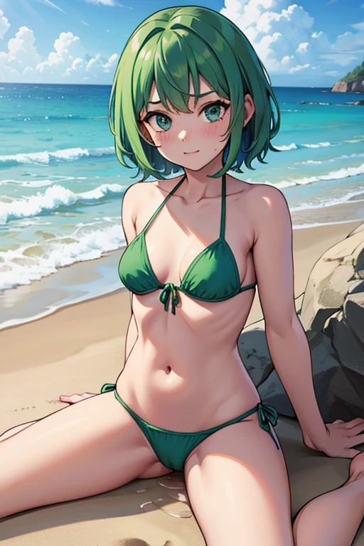 make a petite green-haired woman have sex with a man on the beach dressed in a bikini