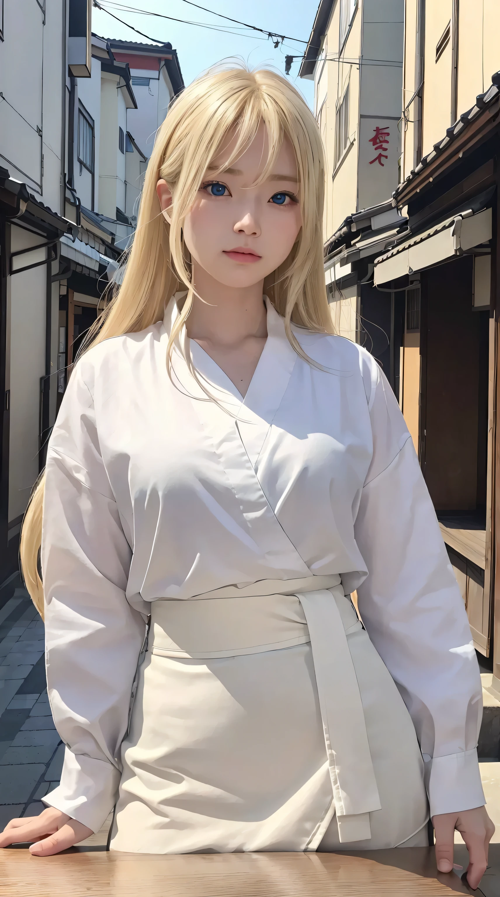 On a table, Best quality, 8K, Photographic reality, actual, Octagonal rendering, Bustling Japanese streets (1人の女性: 1.4), (There is only one woman on the screen: 1.3), (white shirt), (Long blonde hair), (Wrap skirt), (eBlue eyes) Upper body display