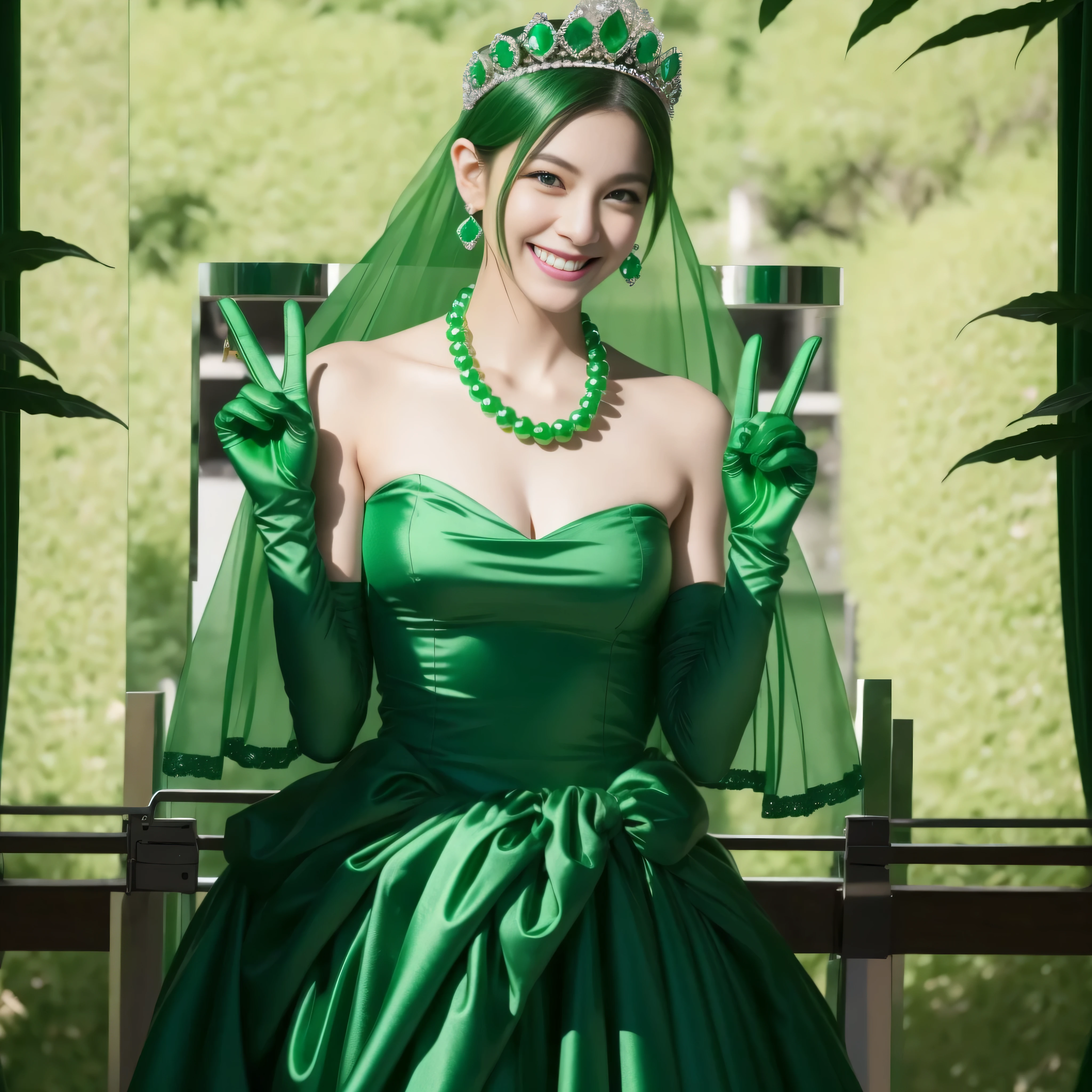 emerald tiara, Green Pearl Necklace, Boyish very short green hair, lipsticks, Japan woman smiling, very short short hair, big breasts beautiful, Green eyes, Long green gloves made of satin material, Green eyes, Emerald Earrings, green vale, v sign