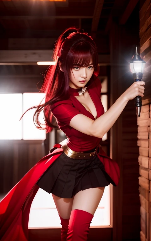 Realistic,a close up of a woman in a red dress holding a sword, game character; full body , professional , realistic , anime girl in real life, ruan jia and artgerm, cosplayer, kunoichi, trending artgerm, anime goddess, photo realistic, masterpiece