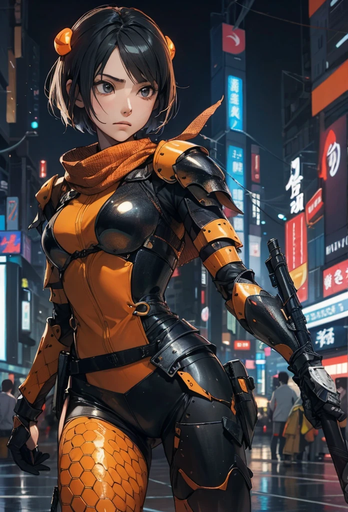 ((Highly accurate drawing in every detail)Extremely precise depiction)[High resolution],(detailed illustrations,とてもfineで緻密な描画,Delicate drawn lines with tempo,Realistic texture expression),[color traced main line],[Shinjuku background at night],(ANIME) (NINJAGirl (beautiful) 15 years old) muscular [slim body] short bob cut,([wasp] Orange Ninja Battle Armor) scarf [Stall] ((Fitting rubber inner) [honeycomb] [edge]) hair ornaments (Dull metallic luster:0.8),gravure [KUNOICHI],[high contrast:0.6],(複雑でbeautiful装飾 [Dense detail]),(きめ細やかでbeautiful肌表現 [transparency]),((Precisely drawn eyes))[完璧な目のdetailed((宝石のようなbeautiful瞳)Iris drawn in precise detail)[clearly drawn pupils]],[eye light[Pinpoint lighting for the eyes]],[長くてbeautiful睫毛],[precisely drawn hair [美しく艷やかな髪のdetailed]],(完璧な手のdetailed [Fingers without breakdown [beautiful nails]]),(perfect anatomy(perfectly balanced proportions))[[full body portrait]],[[Highly constructed design]][ideal color coordination(Accurate simulation of light and material interactions)],([precision detail](detailed,高fine)),[Visual art that tells a story],((highest quality)fine[[High density drawing]])(4K quality).