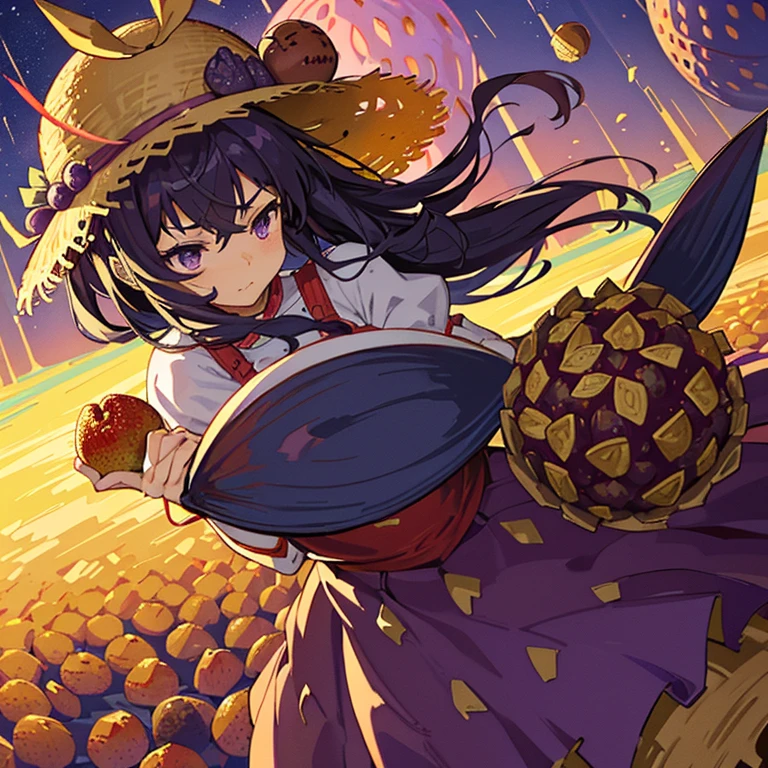 Low-flying Straw Hat Armor Girl covered in boiling large strawberry cake armor serving a large purple potato jam、Amazing dynamism、Amazing Angle、unstable buoyancy sandstorm、((Lots of friendly dried fruit spheres drifting and chasing in close clusters))、(surround each other every third&#39;serpent ball)、