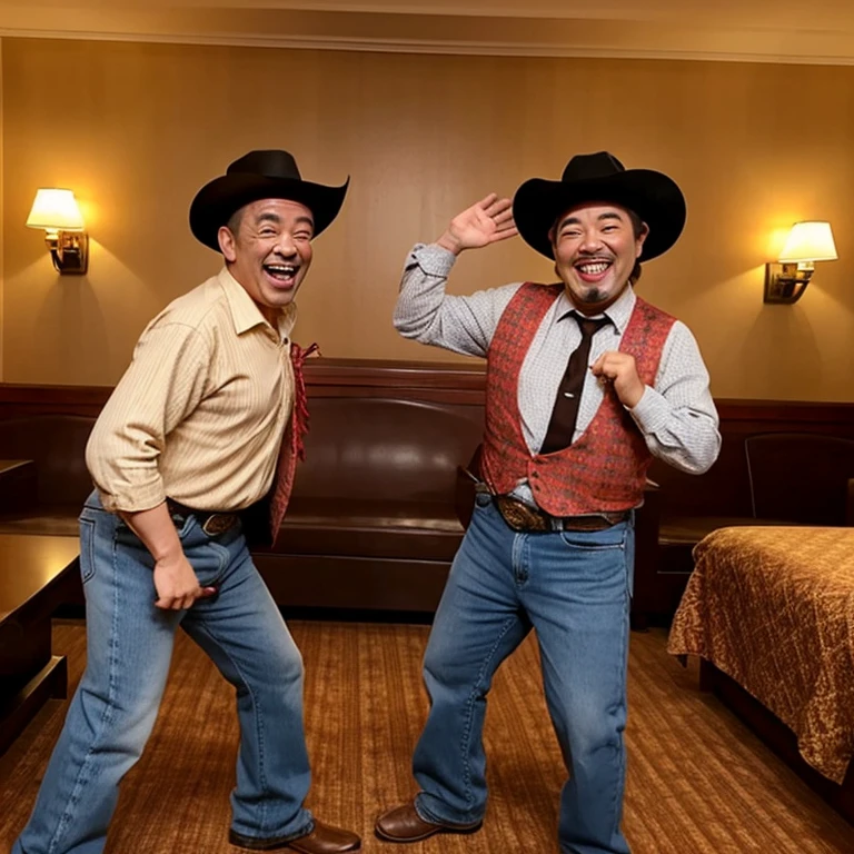 Two comedian men with ugly and lewd faces are standing grinning in a private room of a Western-style hotel.。