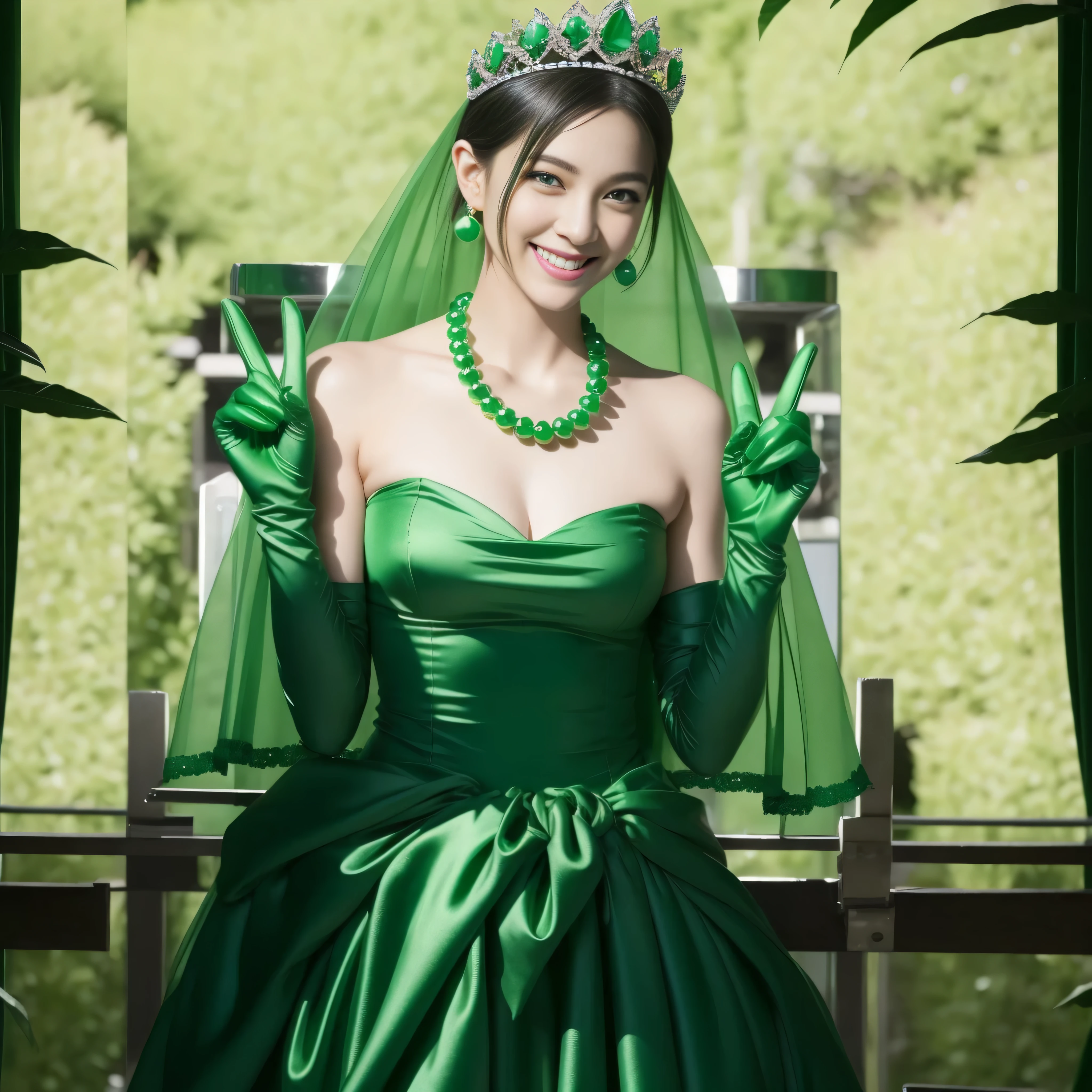 emerald tiara, Green Pearl Necklace, Boyish very short green hair, lipsticks, Japan woman smiling, very short short hair, big breasts beautiful, Green eyes, Long green gloves made of satin material, Green eyes, Emerald Earrings, green vale, v sign