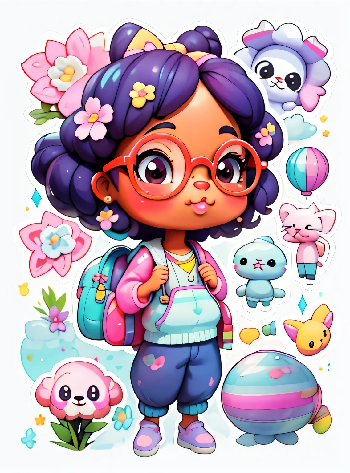 a cartoon girl with glasses, Menina afro-americana, menina elegante afro-americana, mochila roxa, long pants, Muitas bolhas, flor, super bonito funky menina preta, arte digital detalhada bonito, Retrato de uma Lisa Frank, arte digital bonito, arte dos desenhos animados, estilo de arte dos desenhos animados, full-colour illustration, advanced digital chibi art, Cartoon style illustration, painting digital adorable, estilo de arte bonito, Estilo Lisa Frank, personagem bonito dos desenhos animados, colorful flor