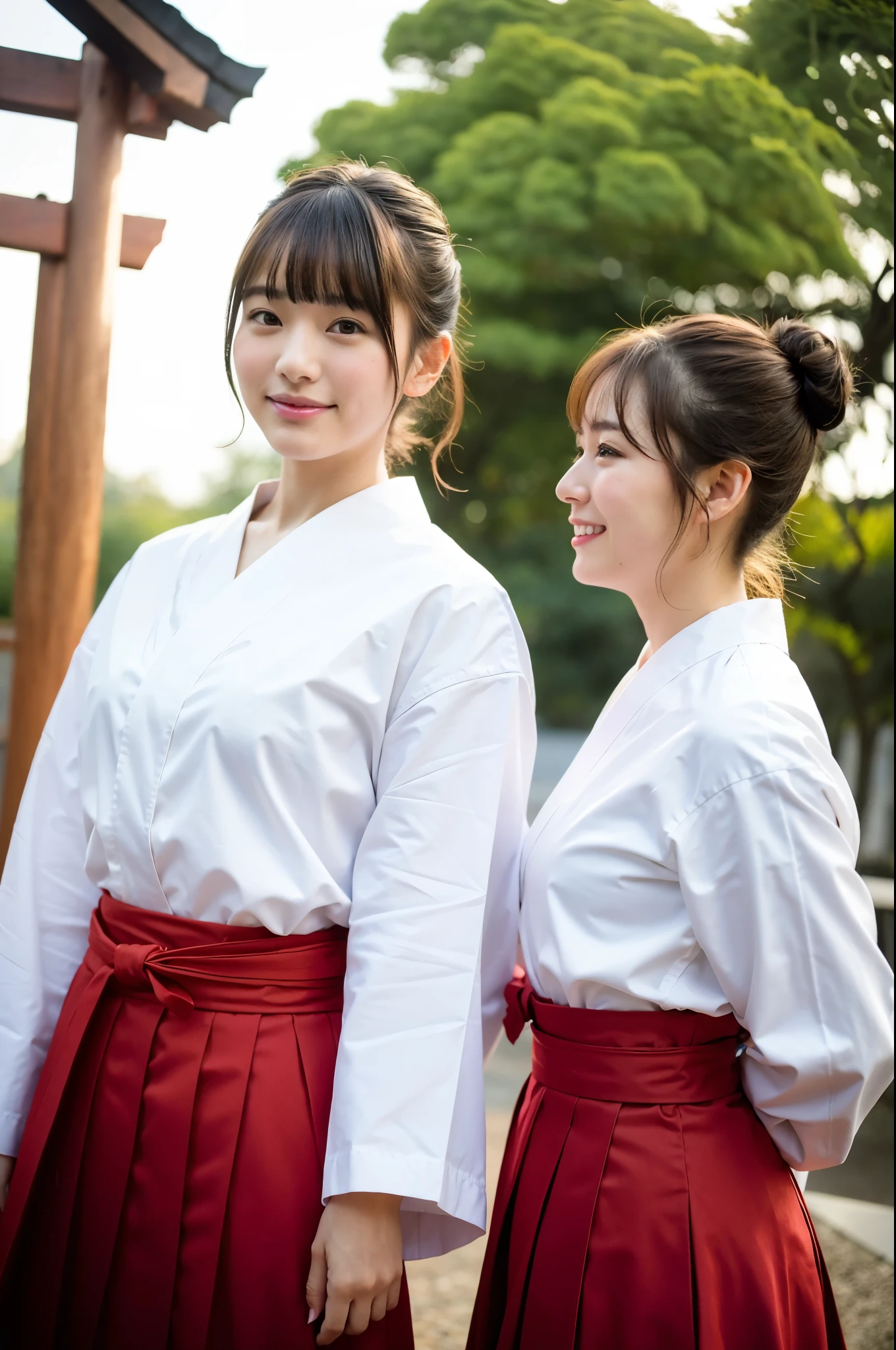 2 girls in Japanese shrine under sky,long-sleeved white hakama top and red hakama-bottom,hair accessories,18-year-old,bangs,a little smile,legs,short cut hair,low ponytail,from below,frontlighting