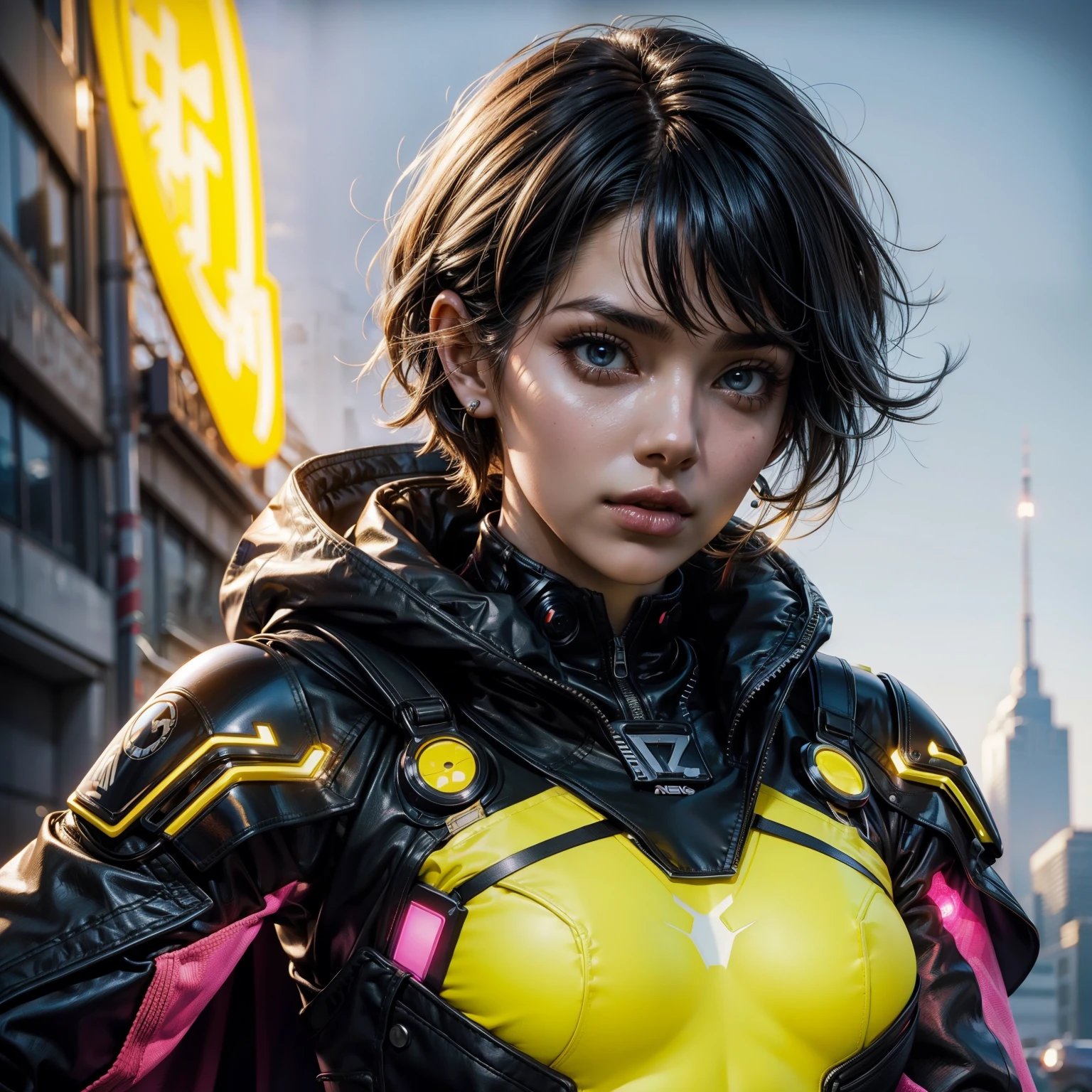 Bust to waist ((perfect face)) perfect skin, hyperrealistic masterpiece, Superheroine woman ((fringe glowing colorful)) in extremely complex & superdetailed tight plugsuit ((with white cape)), sharp focus, cinematic illumination: 8k, (((neos-cyberpunkcore aesthetic style::1)))