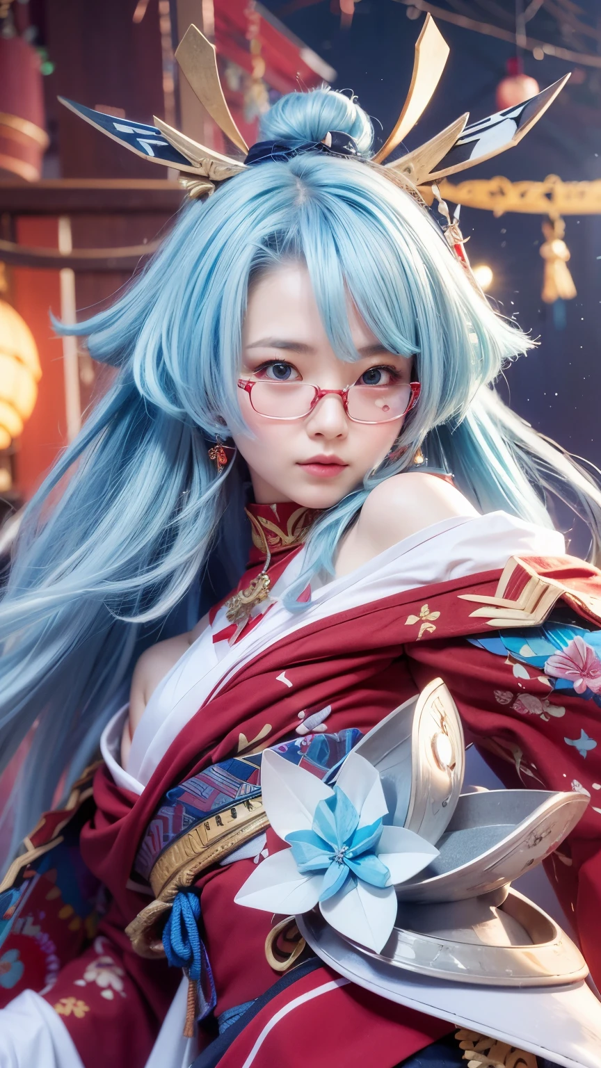 A Japanese girl with blue eyes and light blue hair, she is wearing a red Origami style kimono, her face is covered with half-rimmed glasses, she is wearing blue drop earrings water