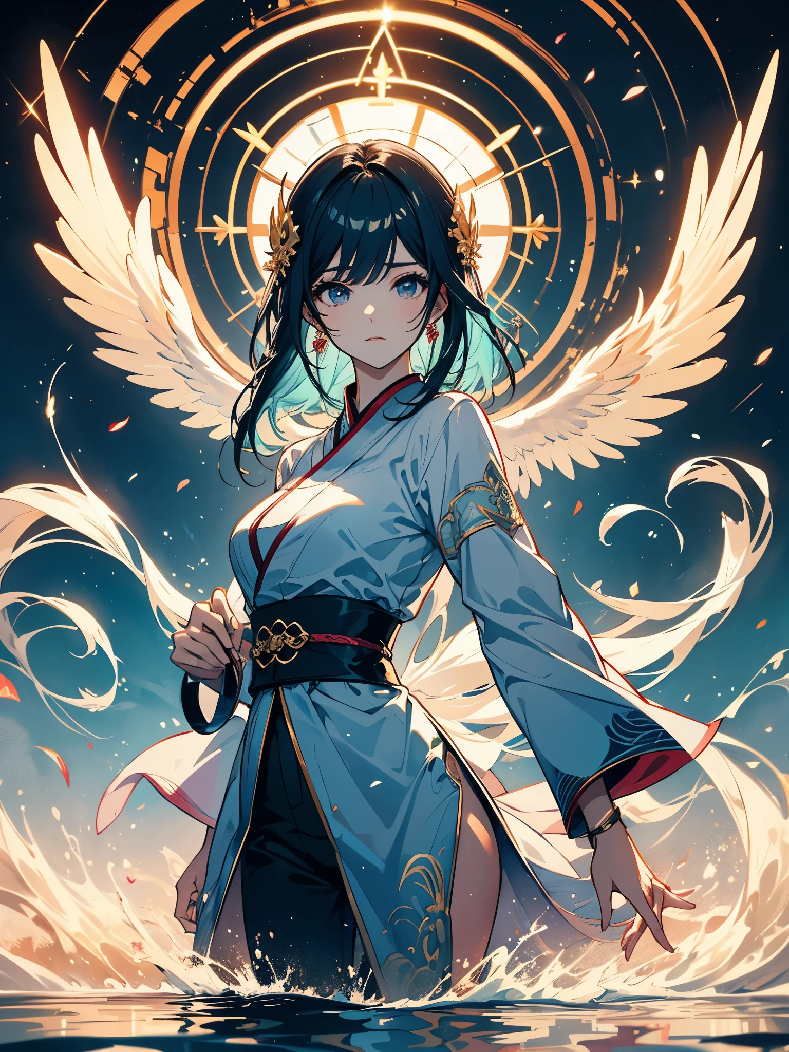 A beautiful Chinese girl standing in the water, hazy reflection, A huge phoenix divine bird in the sky, Magic, fantasia, Dynamic Stance, composto por chamas brilhantes coloridas, rosto delicado, Olhos Delicados, longos cabelos pretos e dourados, wearing amber and sky blue Hanfu, delicate and intricate patterns, Pintura a tinta, bronzing dourado, Epic composition, sombras suaves, clean sharp focus, Cinematography, Center Composition, Poster design, cinematic movie photograph, panorama, 32k --v 6