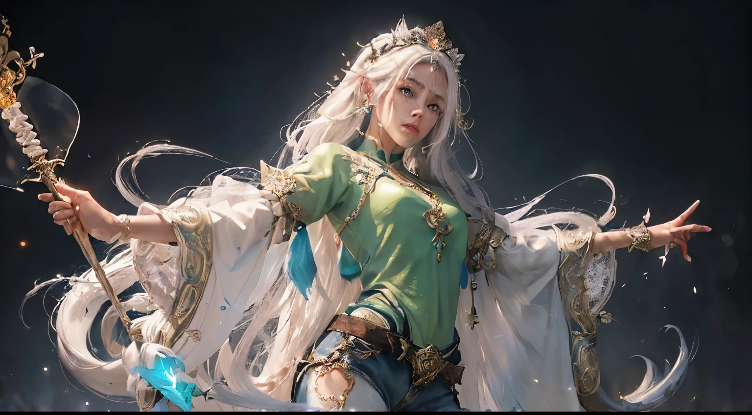 full-shot of a woman with white hair and white mask, Hermosa pintura de figuras, (Imagen de pie de cuerpo completo:1.8), (Parte superior del cuerpo hacia arriba:0.3), (hyper realista:1.4), (realista:1.3), (La mejor calidad real texture skin), (Hermosa hada veterana maga :1.7), (Holds a straight staff with elaborate decoration that emits a mysterious glow: 1.9), (Finely detailed true circle. Symmetrical and beautifully drawn face.), ((Mundo medieval)),Guviz, Ilustraciones de estilo Guvitz, Dios de pelo blanco, Yang J, Epic art of fine characters, amazing character art, Fan Qi, Wu Zhun Shifan, Gu Vitz at pixiv art station, full shot de una mujer pelo blanco, Hermosa pintura de figuras, Gu Viz, Obra de arte estilo Gu Vitz, Dios del pelo blanco, Yang J, Epic art of fine characters, amazing character art, Fan Qi, Wu Zhun Shifan, Guvitz in pixiv art station, cuerpo femenino perfecto, (((camiseta blanca ajustada))), Hermosos ojos, orejas de elfo, (cara delicada), Pelo blanco corto, cabello atado, (((dos coletas))), Horquilla azul claro, piel glasseair con borde de seda negro), (better lighting), (super-complex details), Unidad 4K, (super-detailed Costrando piernas justas, Medias, pantalones calientes, shorts,