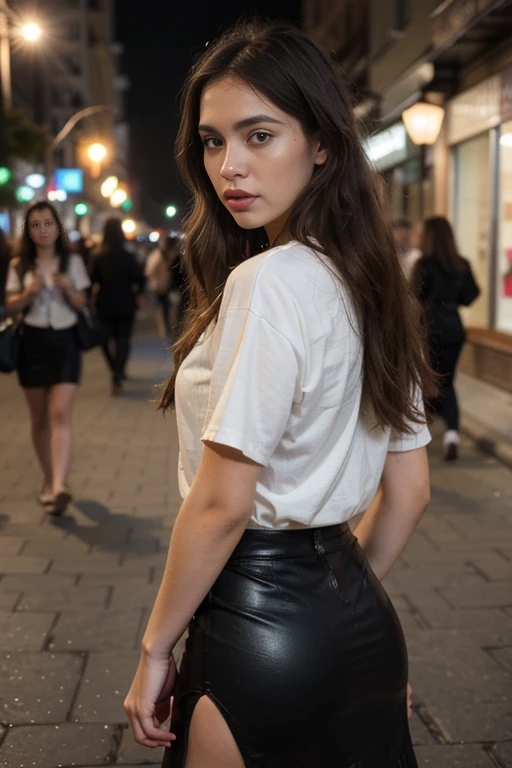 ((best quality)), ((masterpiece)), (detailed), perfect face realistic photo of beautiful woman with long dark brown hair, Russian, influencer, light freckles, dark brown eyes, big lips, no makeup, instagram, ((best quality)), ((masterpiece)), (detailed), perfect face realistic photo of beautiful woman with long dark brown hair, Russian, influencer, light freckles, dark brown eyes, big lips, no makeup, instagram, a woman in a green dress is walking down the street, instagram, skintight leather clothes, right hand side profile, midi skirt, dark brown white green colours, night life,