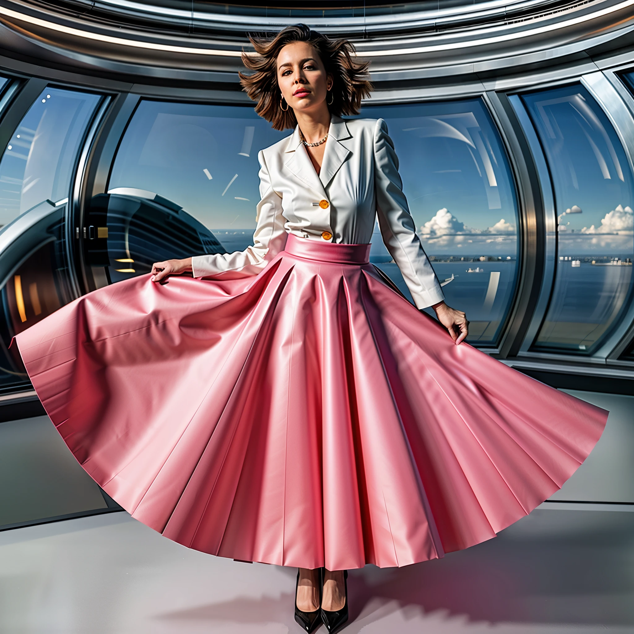 (authentic:1,1) (shy:0,8) (smiling:1,6) woman wearing (long (pleated) full circle skirt) and (low heeled office shoes), very intricate hyper-detailed symmetric (attractive graceful feminine face) with (sad, tired eyes and a shy smile), large breasts, full of empathy and compassion and love, (pronounced (feminine) features), (highly detailed ultra accurate realistic) hands and fingers, (windy conditions and wind blowing), epic composition, highly detailed attributes, highly detailed space station background, extremely high quality RAW photograph,, sci-fi , high-angle shot, cinematic shot, dynamic lighting, 75mm, Technicolor, Panavision, cinemascope, sharp focus, fine details, 8k, HDR, realism, realistic, key visual, film still, superb cinematic color grading, depth of field