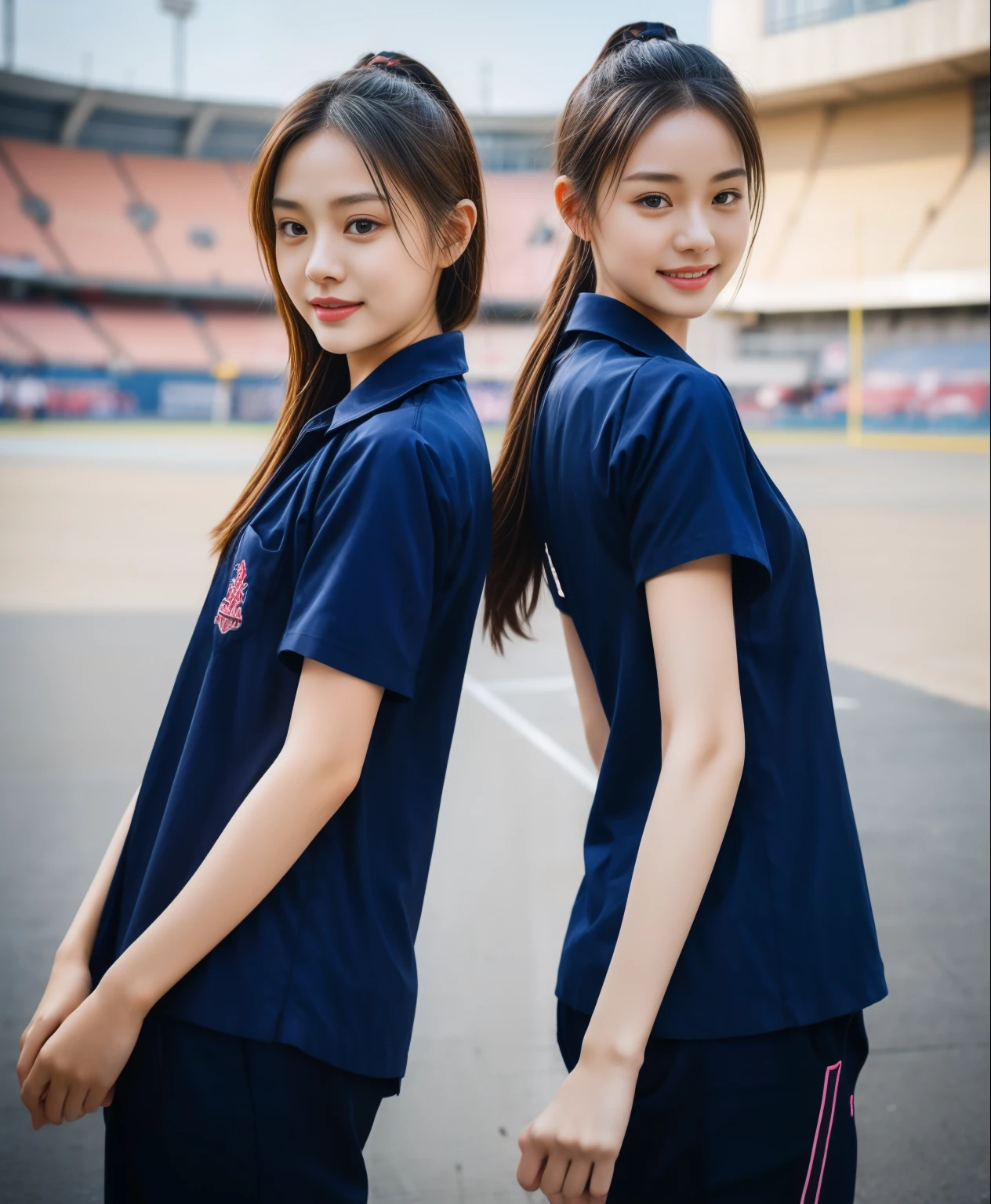 (bestquality,10,10,highres,masterpiece:1.2),ultra-detail,(Realistic,ภาพRealistic,photo-realistic:1.37),1 Cute girl in the football field,oily shiny skin,bara,light smile,BDclothelue shirt:1.3)),short sleeves,shirt, trousers.,(navy_long_ติดตามtrousers:1.1), ((Stadium Background:1.3)),dynamic angle,excited,face focus,Dynamic Poses,from behide,Ass Focus,masterpiece, bestquality, ultra realistic, hyper-detail, 8k resolution, RAW photo, crisp focus, ((Navy blue shirt:1.1)), short sleeves, เส้นทางlong, Complete bodyแบบ, 2 mature women, 18yo, cinematic light,trousersวอร์มสีน้ําเงิน,Gymware,Correct anatomy,Complete body, Correct body, sharp face, Correct bodyทางกายวิภาค, full entire body, Realistic gestures, long-haired, Realistic poses,Wear long shorts..............................,ช่วงขาlong,Shapely,Sculpting Girl, Slender Figure, mannequin mannequins, Shapely, Beautiful body,trousersวอร์มสีน้ําเงิน, Two girls kissing