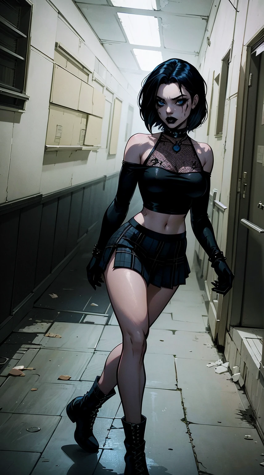 a woman with short black hair, hair on shoulders,  wearing a black cropped  and plaid skirt, blue eyes, zombie art, gothic art, cute aesthetic with vibe, toon aesthetic, wearing red costume, wearing gothic accessories, look like Cassie Hack, whole body, walking on the skrulls