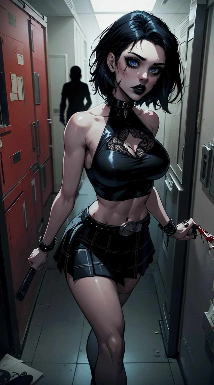 a woman with short black hair, hair on shoulders,  wearing a black cropped  and plaid skirt, blue eyes, zombie art, gothic art, cute aesthetic with vibe, toon aesthetic, wearing red costume, wearing gothic accessories, look like Cassie Hack, whole body, walking on the skrulls