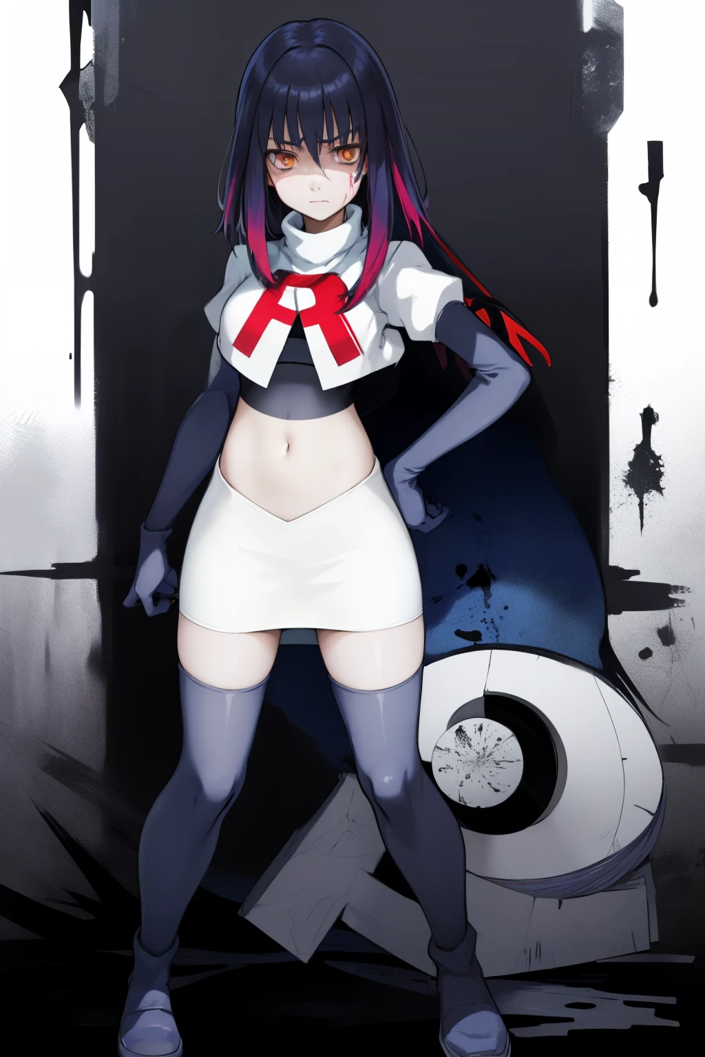 the anime, Furukawa Misao, yellow eyes, sad face, girl in depression, ((indigo hair)),  full height, Full-length girl, best Quality, blood, bloody girl, blood on hands, team rocket,team rocket uniform,white skirt,red letter R,crop top,black thigh-highs,black elbow gloves