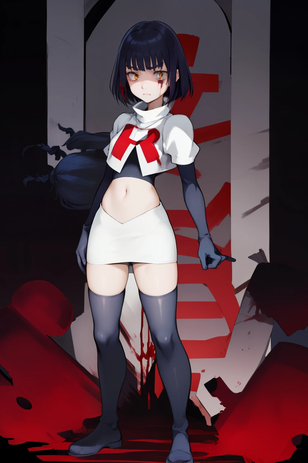 the anime, Furukawa Misao, yellow eyes, sad face, girl in depression, ((indigo hair)),  full height, Full-length girl, best Quality, blood, bloody girl, blood on hands, team rocket,team rocket uniform,white skirt,red letter R,crop top,black thigh-highs,black elbow gloves