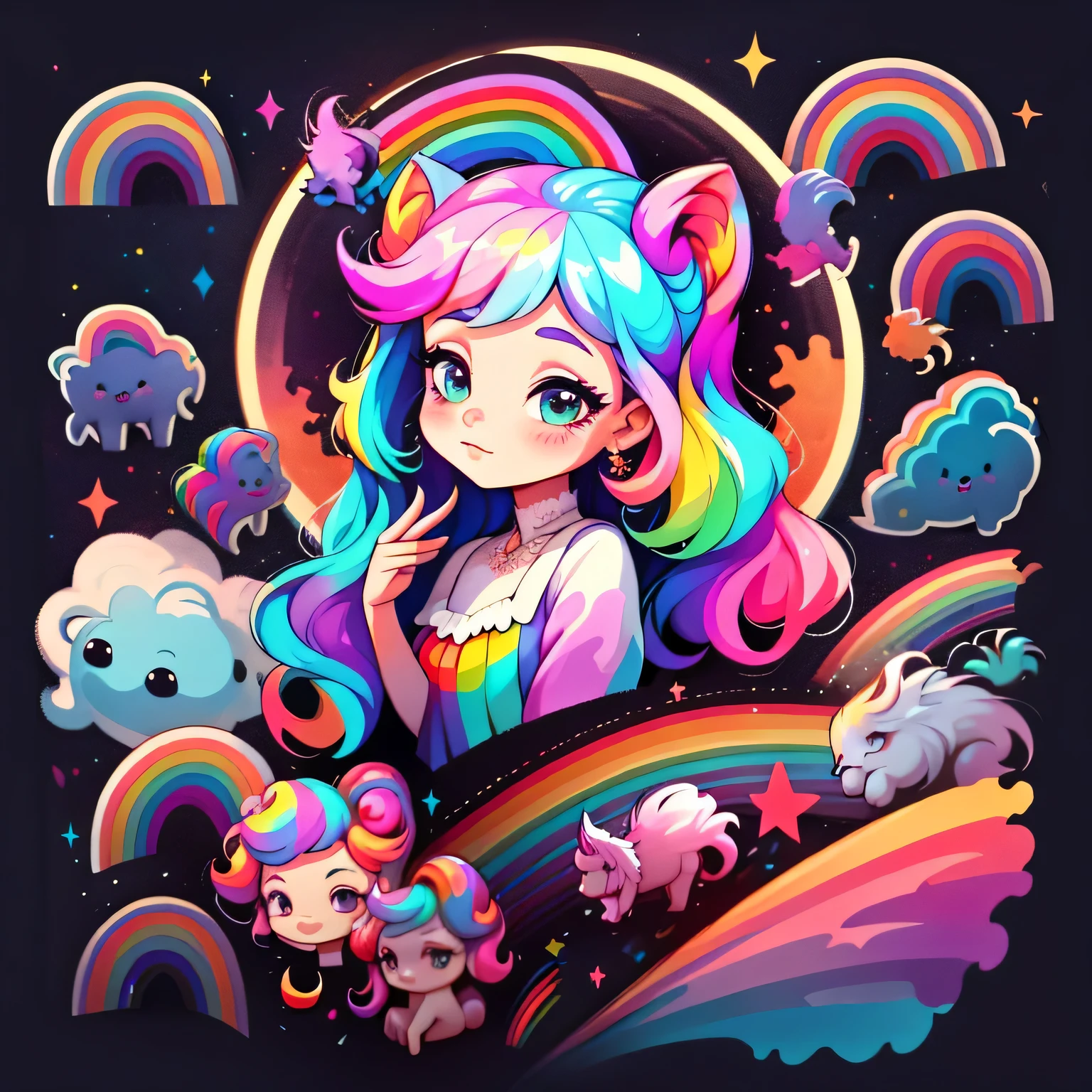 retrato, adesivo,1girl, fundo simples, com cabelo longo, Beautiful unicorn girl, unicorn aesthetics, Beautiful girl, arte de fantasia muito bonita, Beautiful and elegant female unicorn, bela fantasia detalhada, Rainbow colored palate, rainbow color-theme