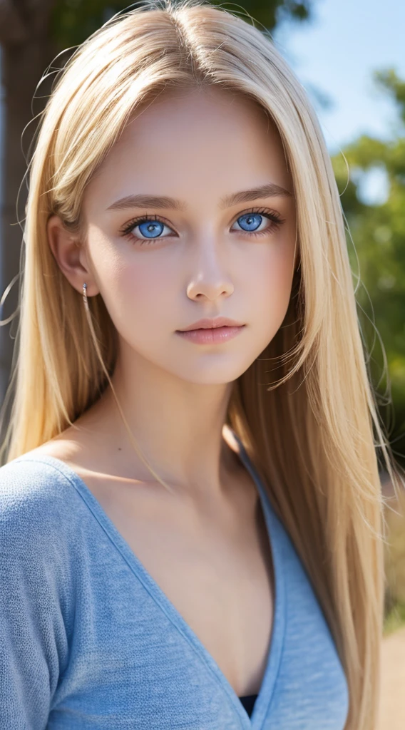 Beautiful blonde 18 year old American supermodel, Dancewear, Sporty, Looking at Viewer, Slender figure, Beautiful Blonde Girl, Detailed face, realistic light blue eyes, Detailed bright glowing light blue eyes, very big eyes、Point the camera straight, FUJI XT3