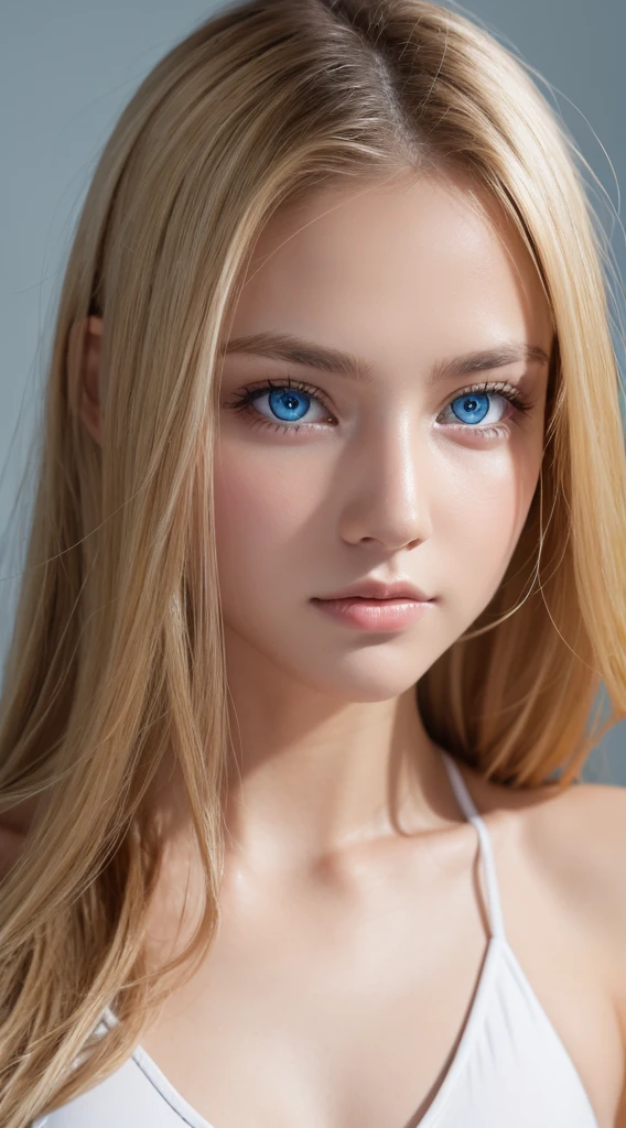 Beautiful blonde 18 year old American supermodel, Dancewear, Sporty, Looking at Viewer, Slender figure, Beautiful Blonde Girl, Detailed face, realistic light blue eyes, Detailed bright glowing light blue eyes, very big eyes、Point the camera straight, FUJI XT3