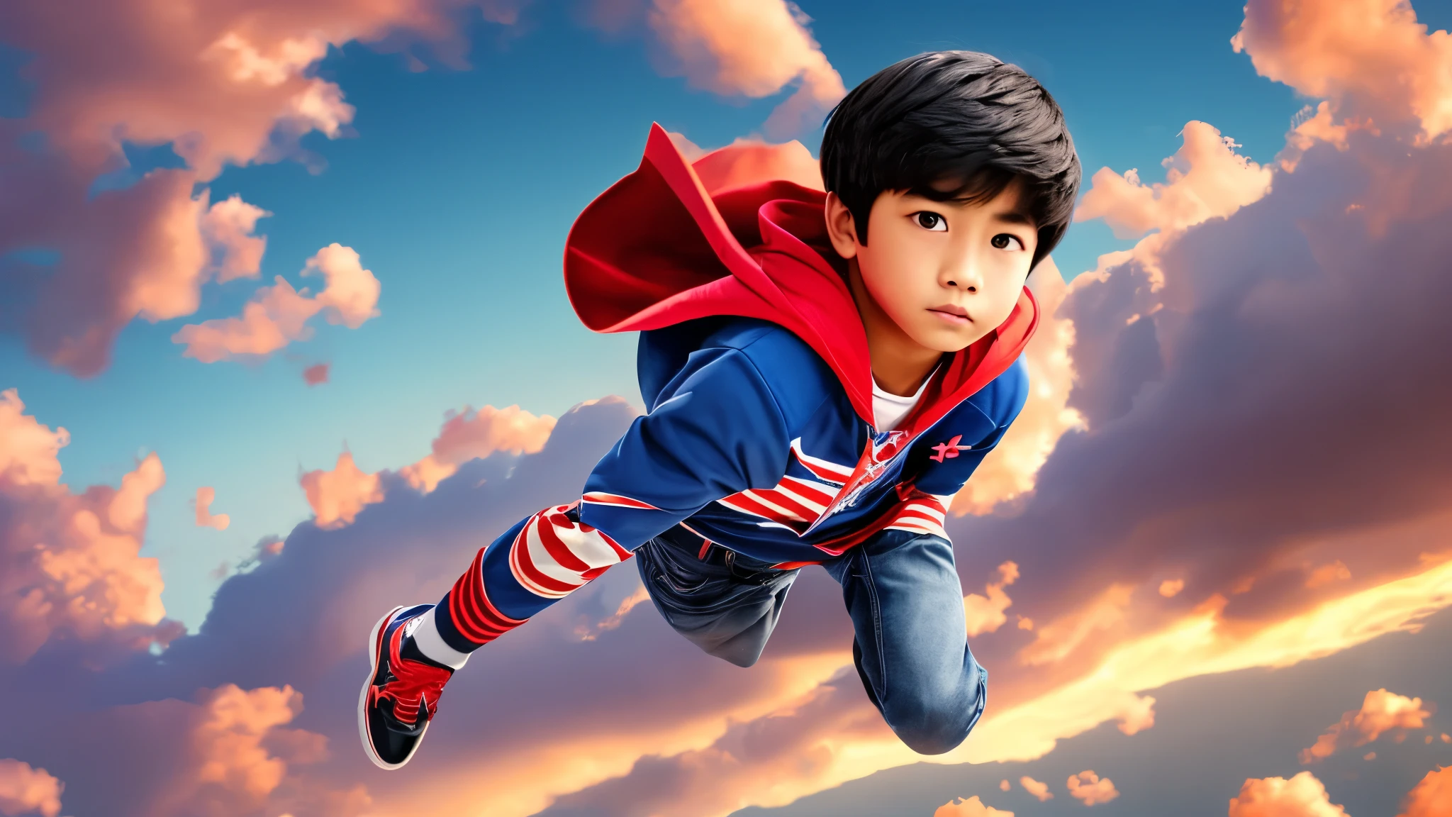 Boy flying in the sky, about , black hair, long blue t-shirt, red pants, red cape, style 3D image, --auto --s2