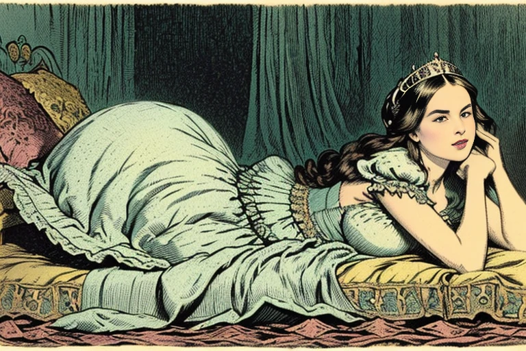 “The Princess and the Pea”, Andersen Fairy Tales, etching illustration, storybook illustration, beautiful princess, (((lying on top of ten mats, lying on bed))), (((small bust, narrow waist))), (((wearing night gown, tiara))), (((victorian art style, art by John Tenniel)))