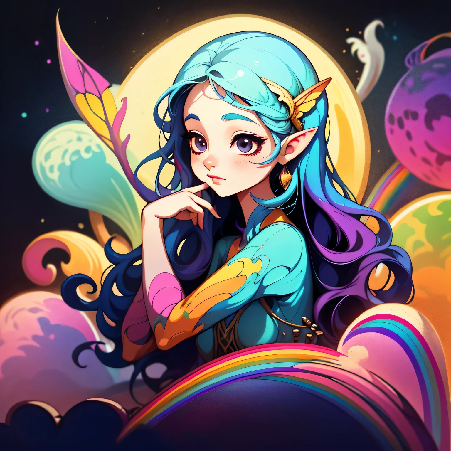 adesivo,1girl, fundo simples, retrato,  com cabelo longo, pixie bonito, Pixie Aesthetics, pixie bonito, arte de fantasia muito bonita, beautiful and elegant female pixie, bela fantasia detalhada, Rainbow colored palate, rainbow color-theme