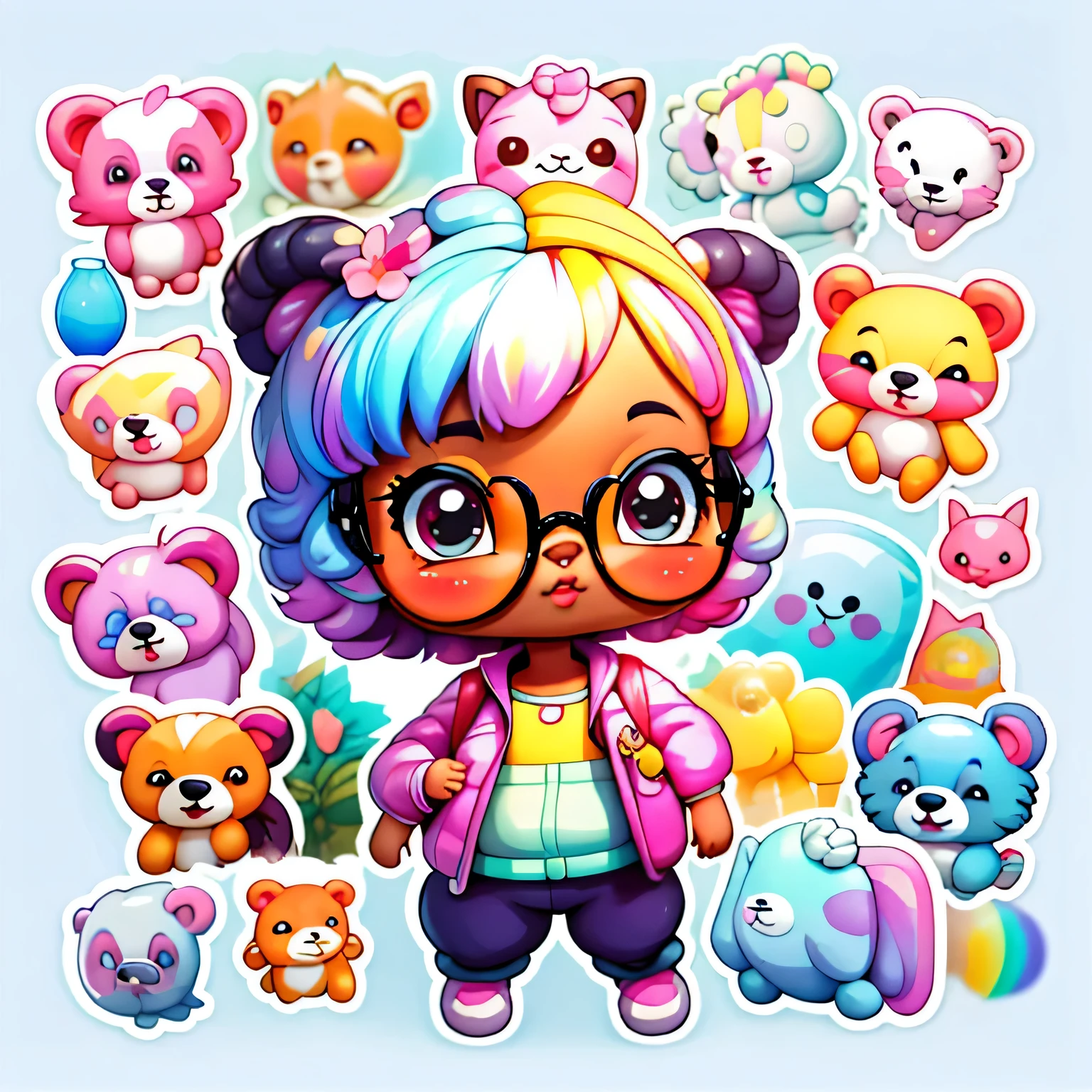 a cartoon girl with glasses, afro-americana, meninante afro-americana, mochila roxa, long pants, camisa de urso, super bonito funky menina preta digital detalhada bonito, Retrato de uma Lisa Frank, arte digital bonito, arte dos desenhos animados, estilo de arte dos desenhos animados, full-colour illustration, advanced digital chibi art, Cartoon style illustration, painting digital adorable, estilo de arte bonito, Estilo Lisa Frank, personagem bonito dos desenhos animados