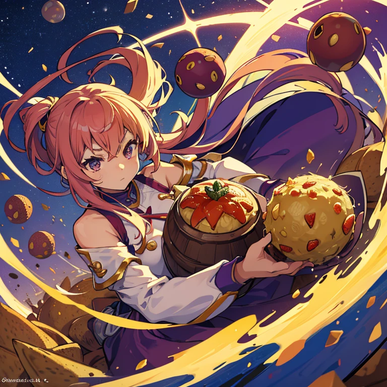 Flying Potato Armor Girl covered in boiling large strawberry cake armor serving a large purple potato jam、Amazing dynamism、Amazing Angle、unstable buoyancy sandstorm、((Lots of friendly dried fruit spheres drifting and chasing in close clusters))、(surround each other every third&#39;serpent ball)、