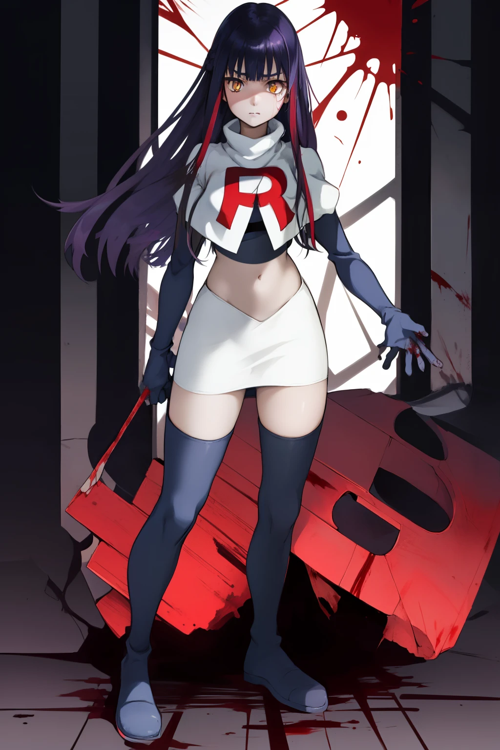 the anime, Furukawa Misao, yellow eyes, sad face, girl in depression, ((indigo hair)),  full height, Full-length girl, best Quality, blood, bloody girl, blood on hands, team rocket,team rocket uniform,white skirt,red letter R,crop top,black thigh-highs,black elbow gloves