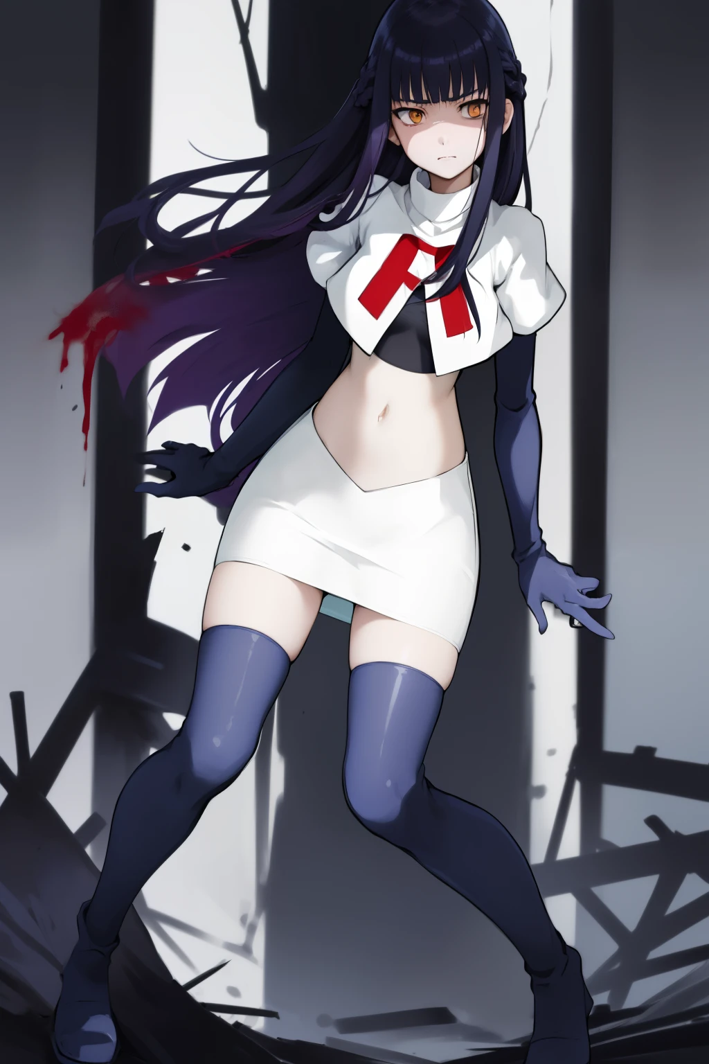 the anime, Furukawa Misao, yellow eyes, sad face, girl in depression, ((indigo hair)),  full height, Full-length girl, best Quality, blood, bloody girl, blood on hands, team rocket,team rocket uniform,white skirt,red letter R,crop top,black thigh-highs,black elbow gloves